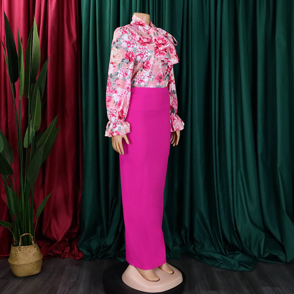 Women Printed Lace-Up Long Sleeve Shirt and Skirt Two-Piece Set 11