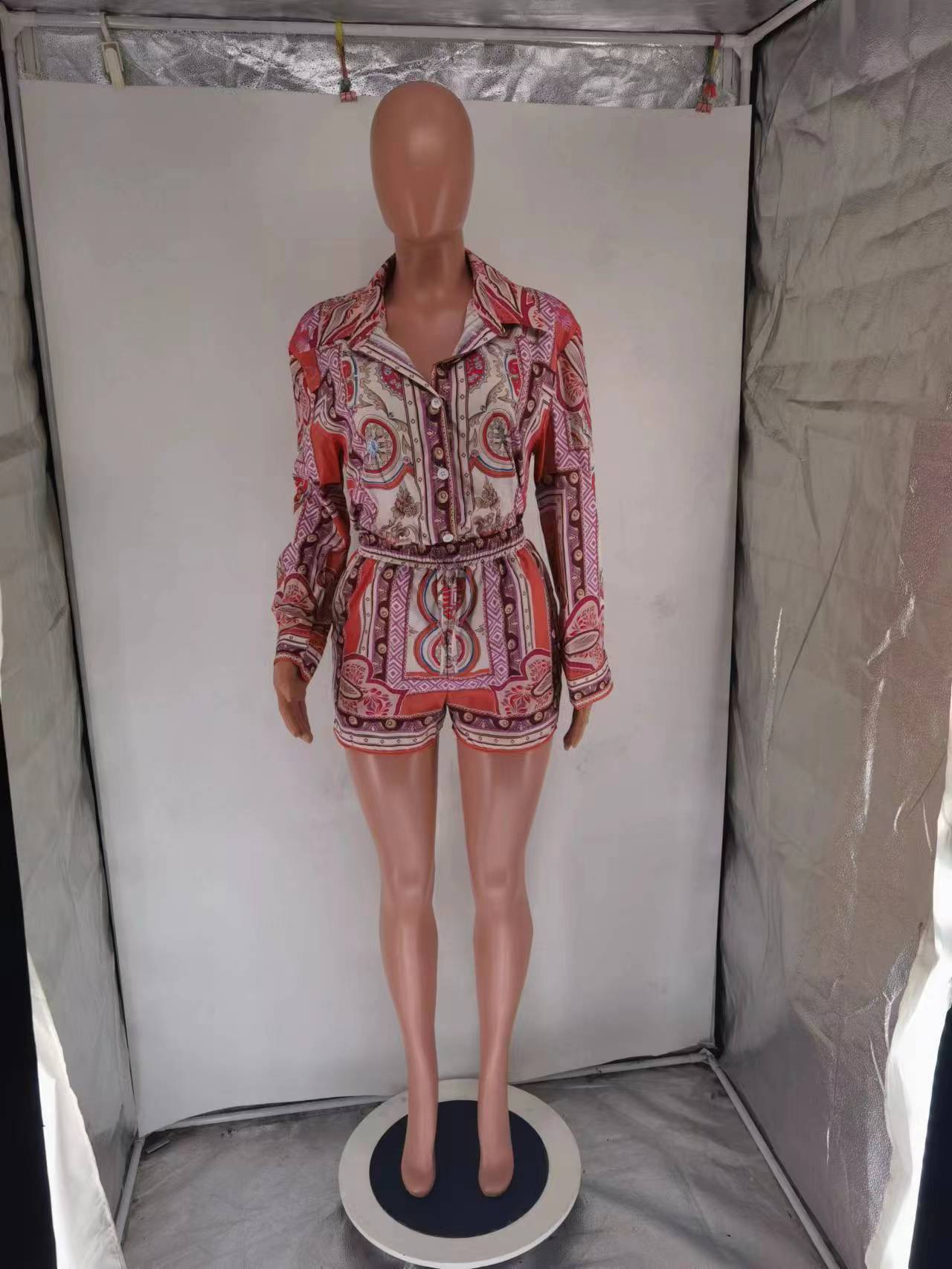 Women's Printed Long Sleeve Casual Two Piece Shorts Set 20