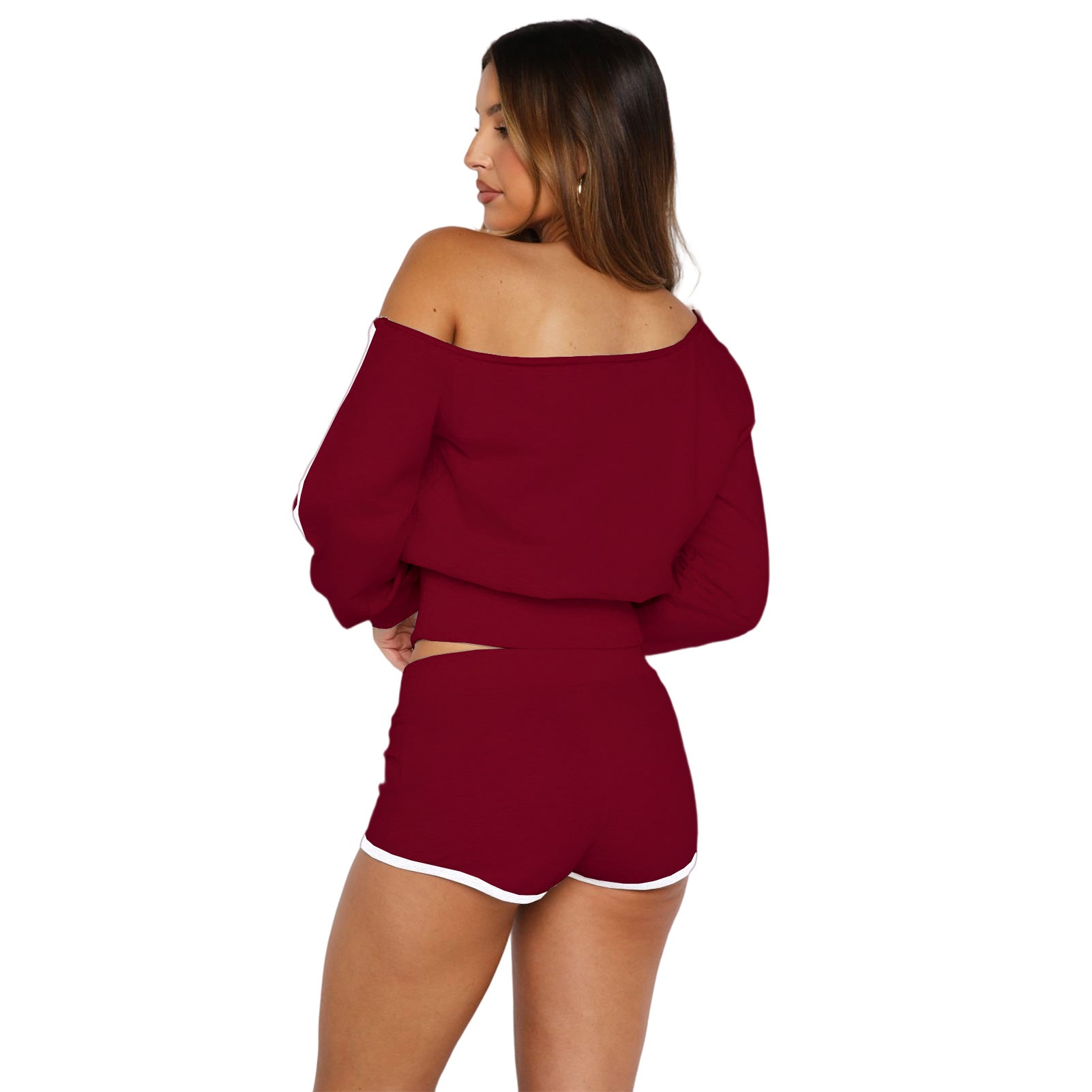 Women's Casual Slash Shoulder Long Sleeve Top Drawstring Shorts Two-Piece Set 44