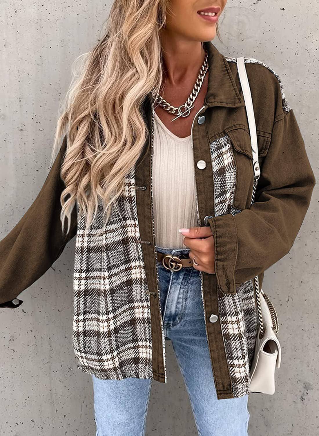 Autumn And Winter Denim Jacket Long Sleeve Plaid Buttoned Shirt Top 5