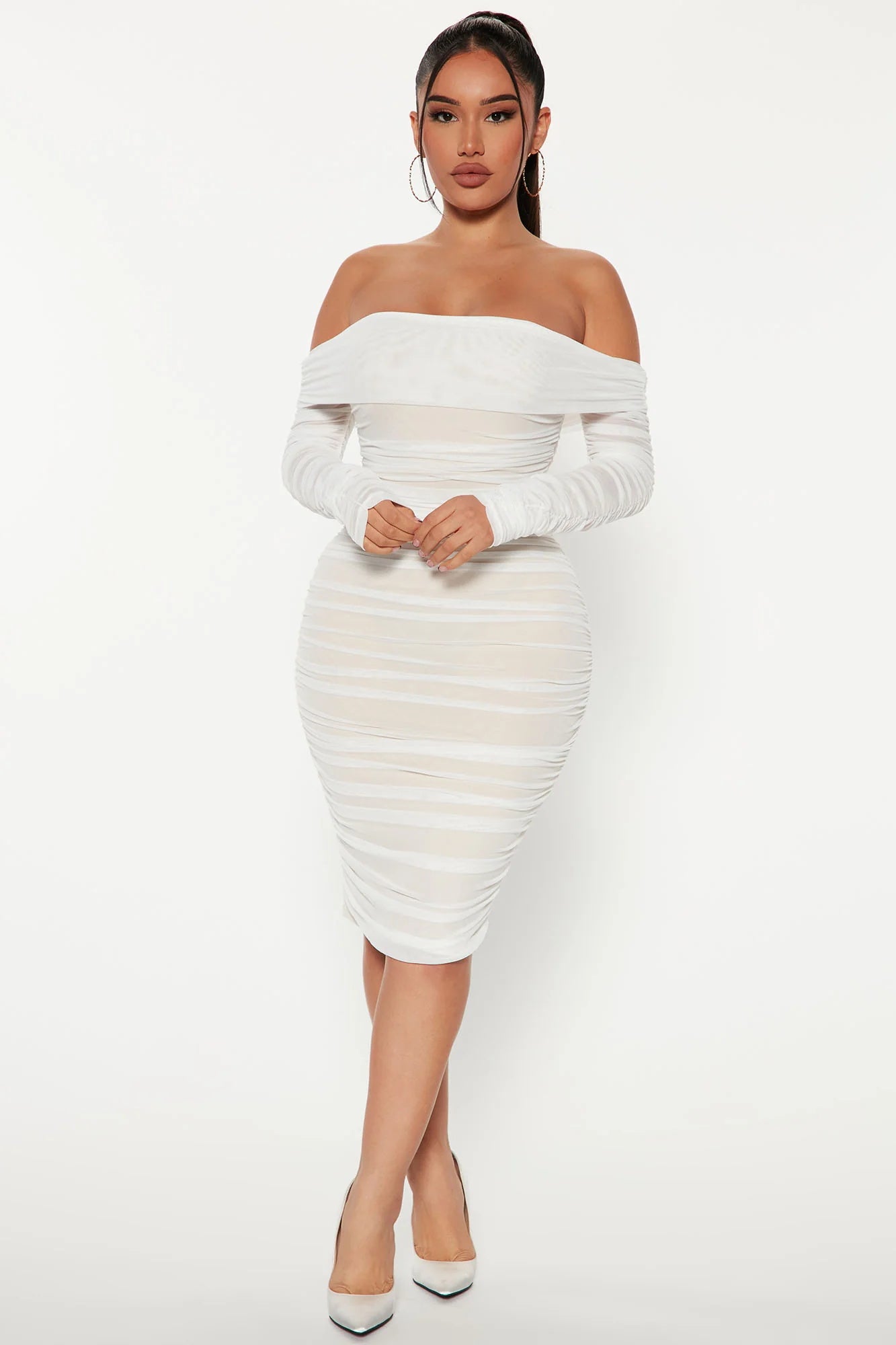 Women Long Sleeve Off Shoulder Mesh Mini Dress