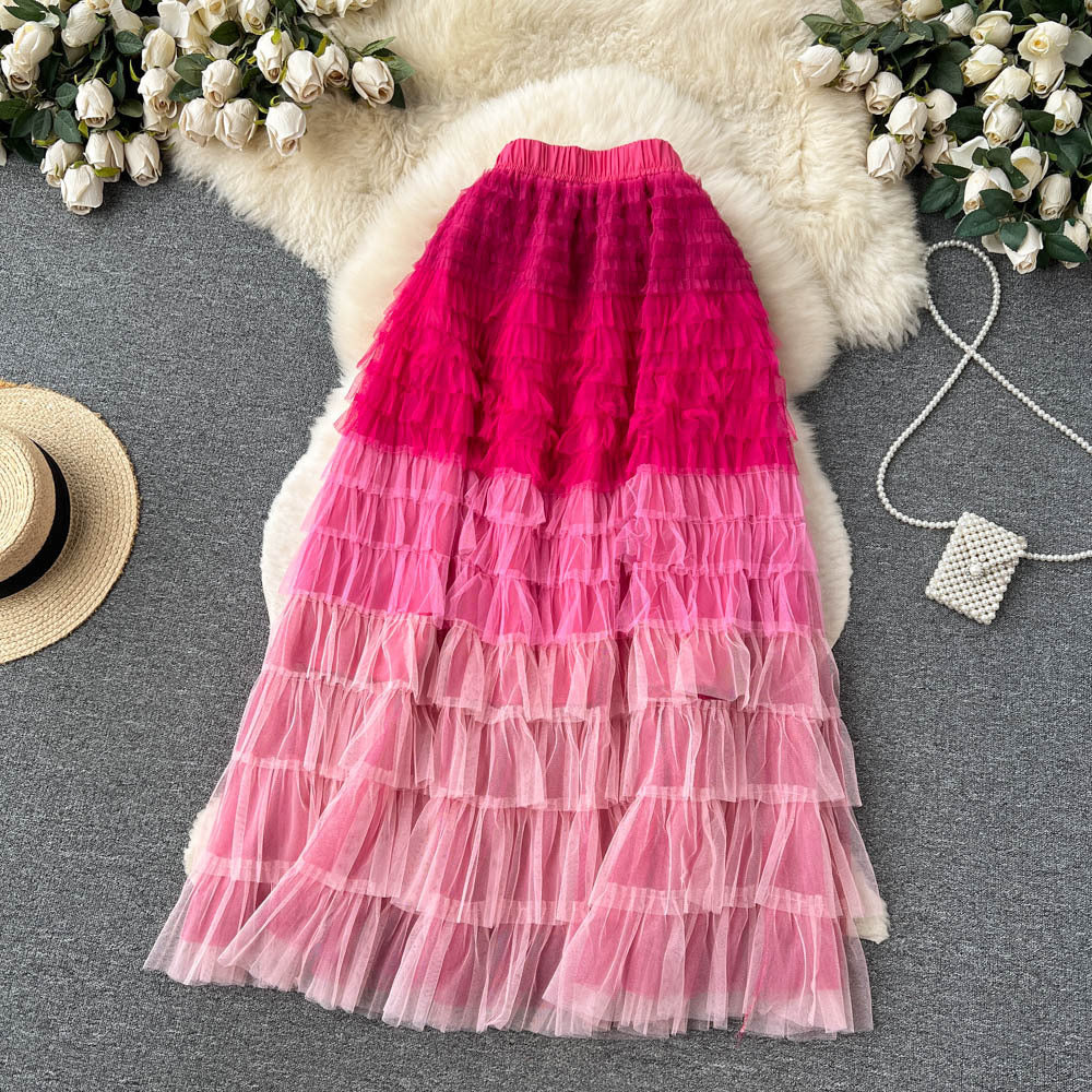 Women  Irregular Gradient Cascading Ruffles Puffy Mesh Skirt 22