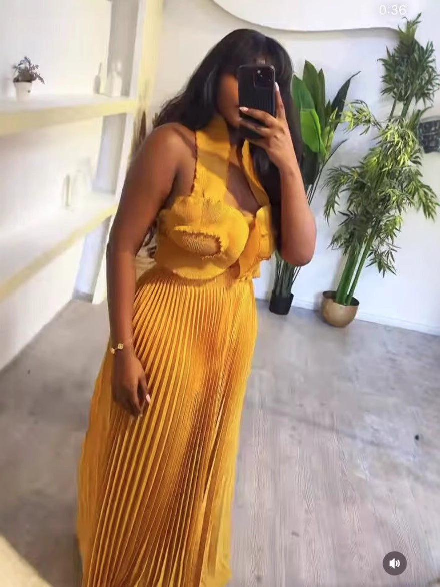 African Pleated Sexy Strap Top Pleated Wide-Leg Pants Two-Piece Set 12