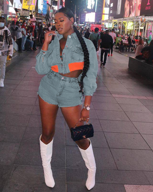 Fashionable Denim Suit Casual Denim Jacket Shorts Set 3