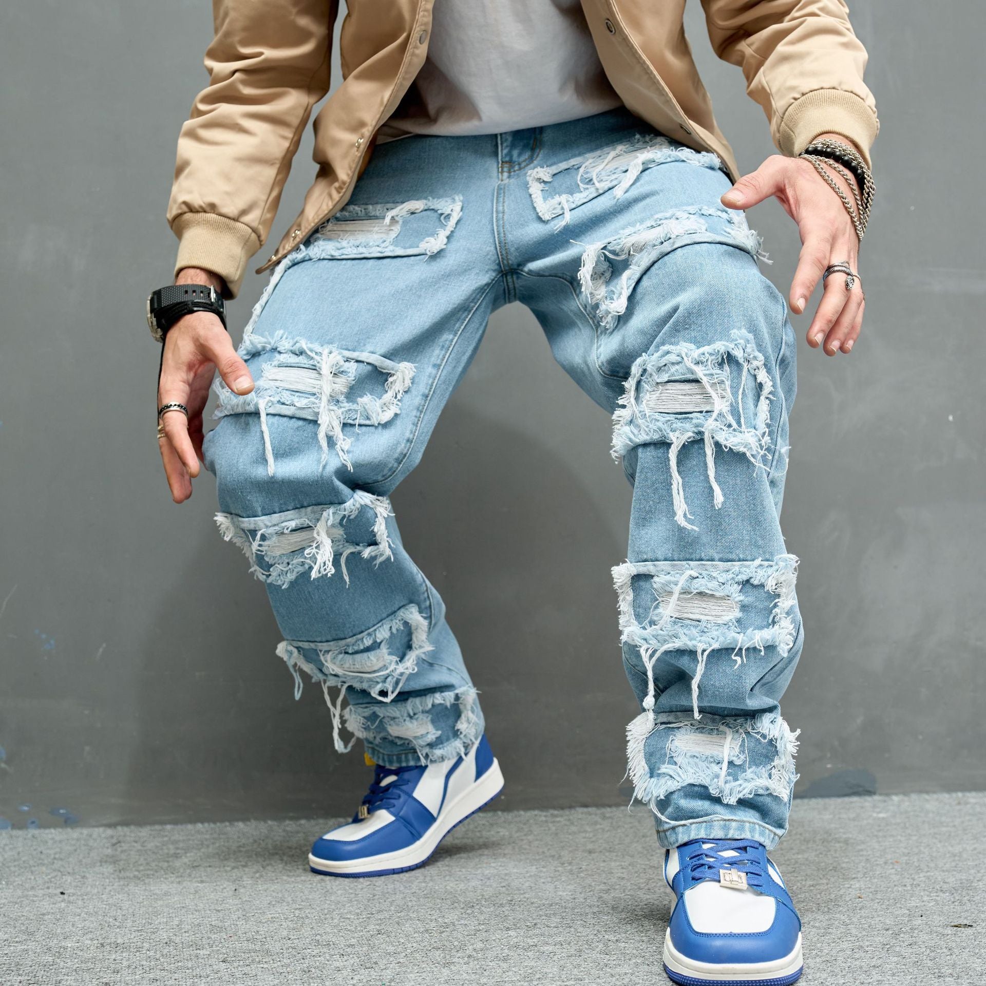 Men's Denim Pants Solid Color Stretch Ripped Beggar Pants