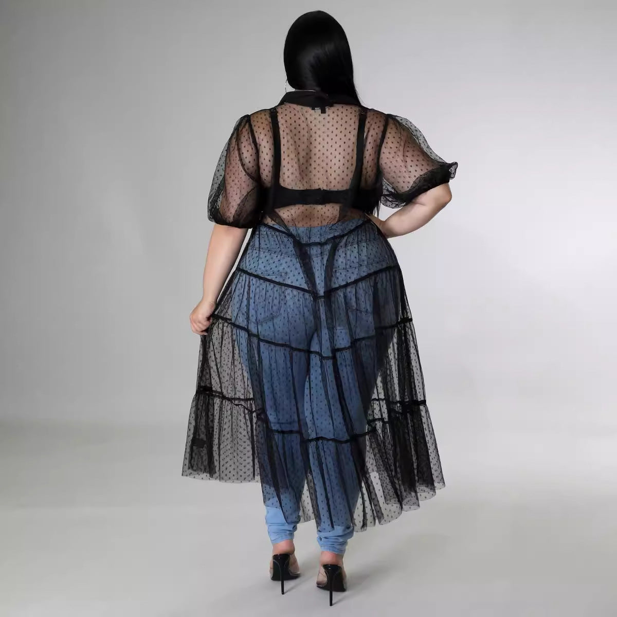 Plus Size Women Polka Dot Mesh Pleated Casual Dress 4