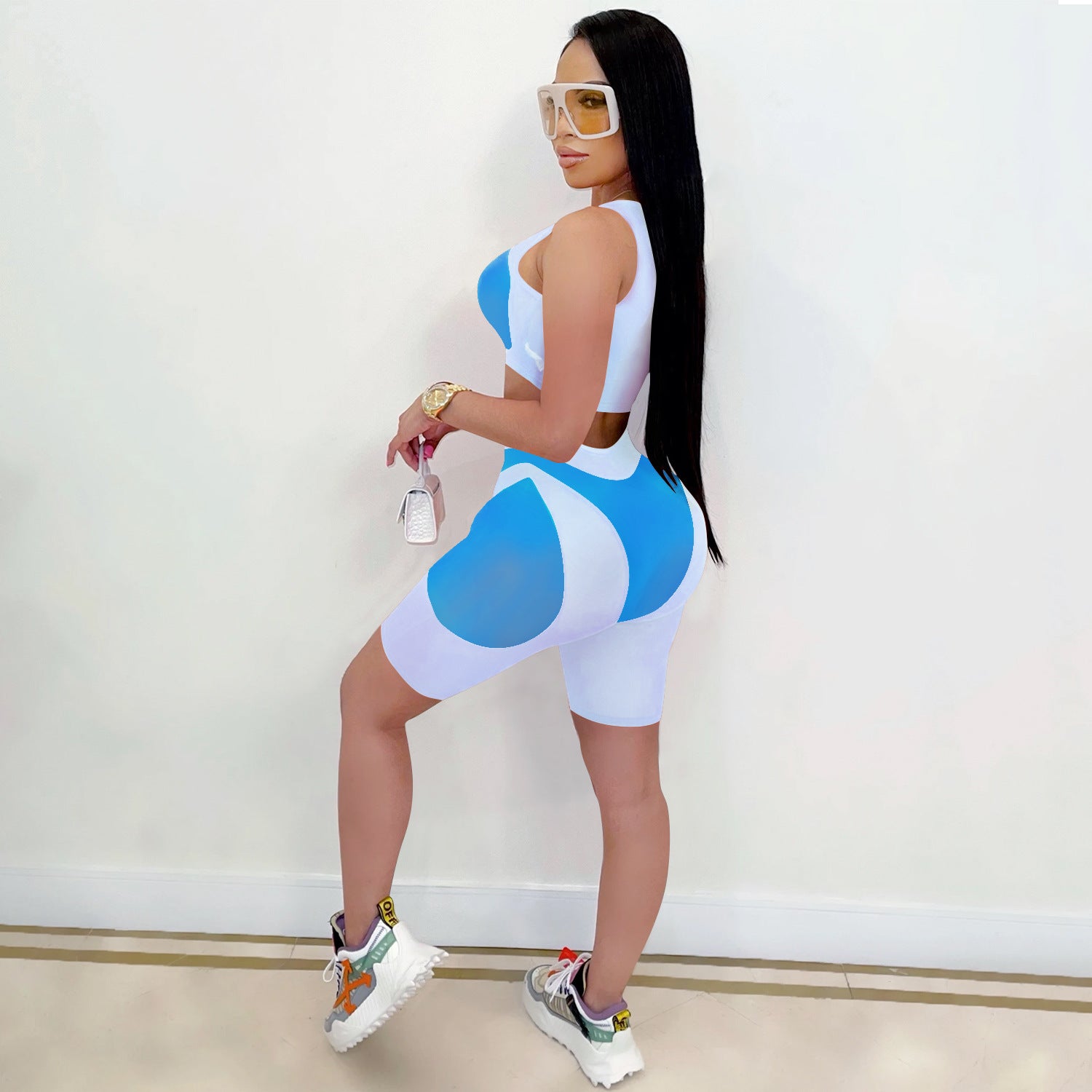 Women casual solid mesh color-blocking Top and Shorts Two Piece Set 13