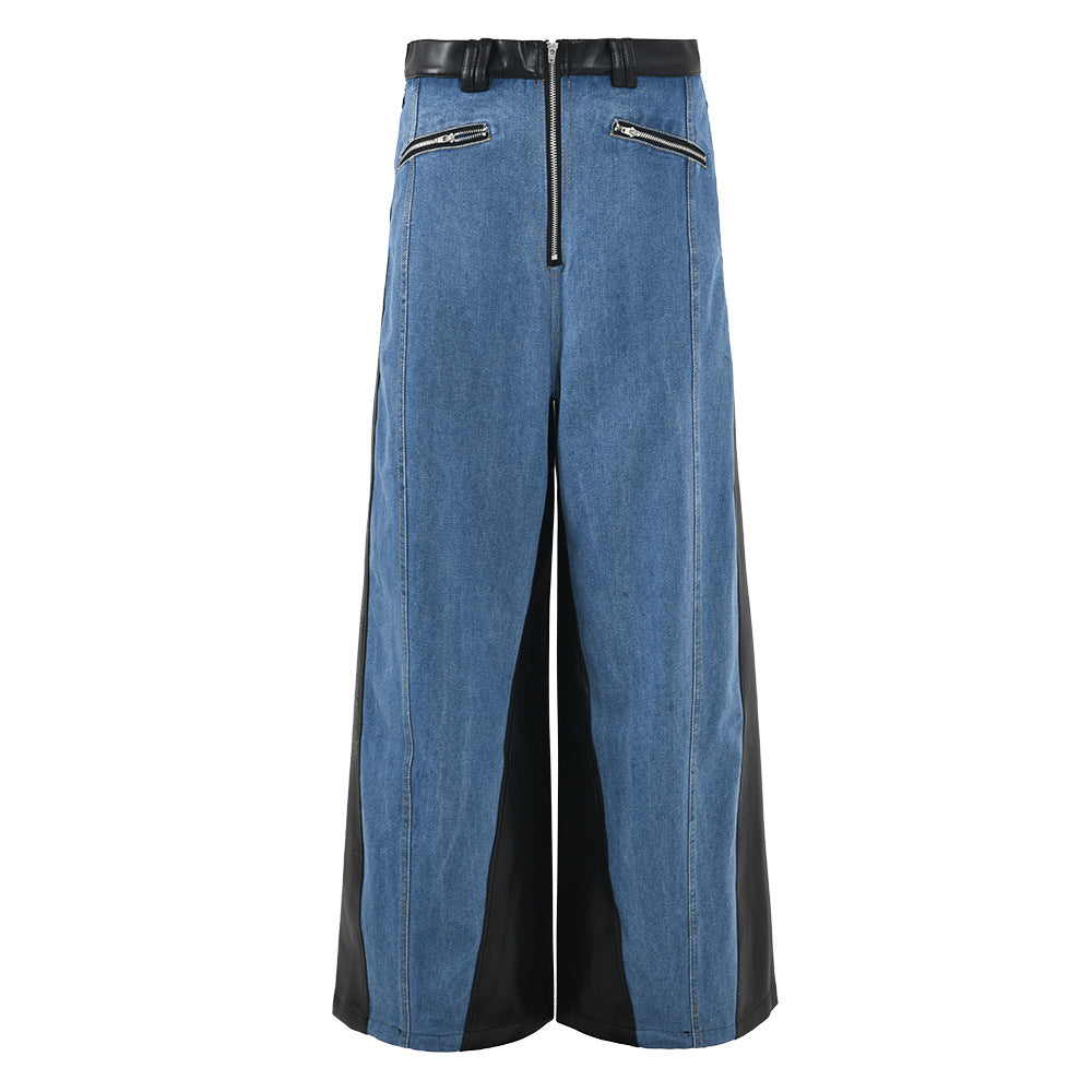 Autumn And Winter New Denim Patchwork Pu Jacket + Super Wide-Leg Pants Two-Piece Set 6
