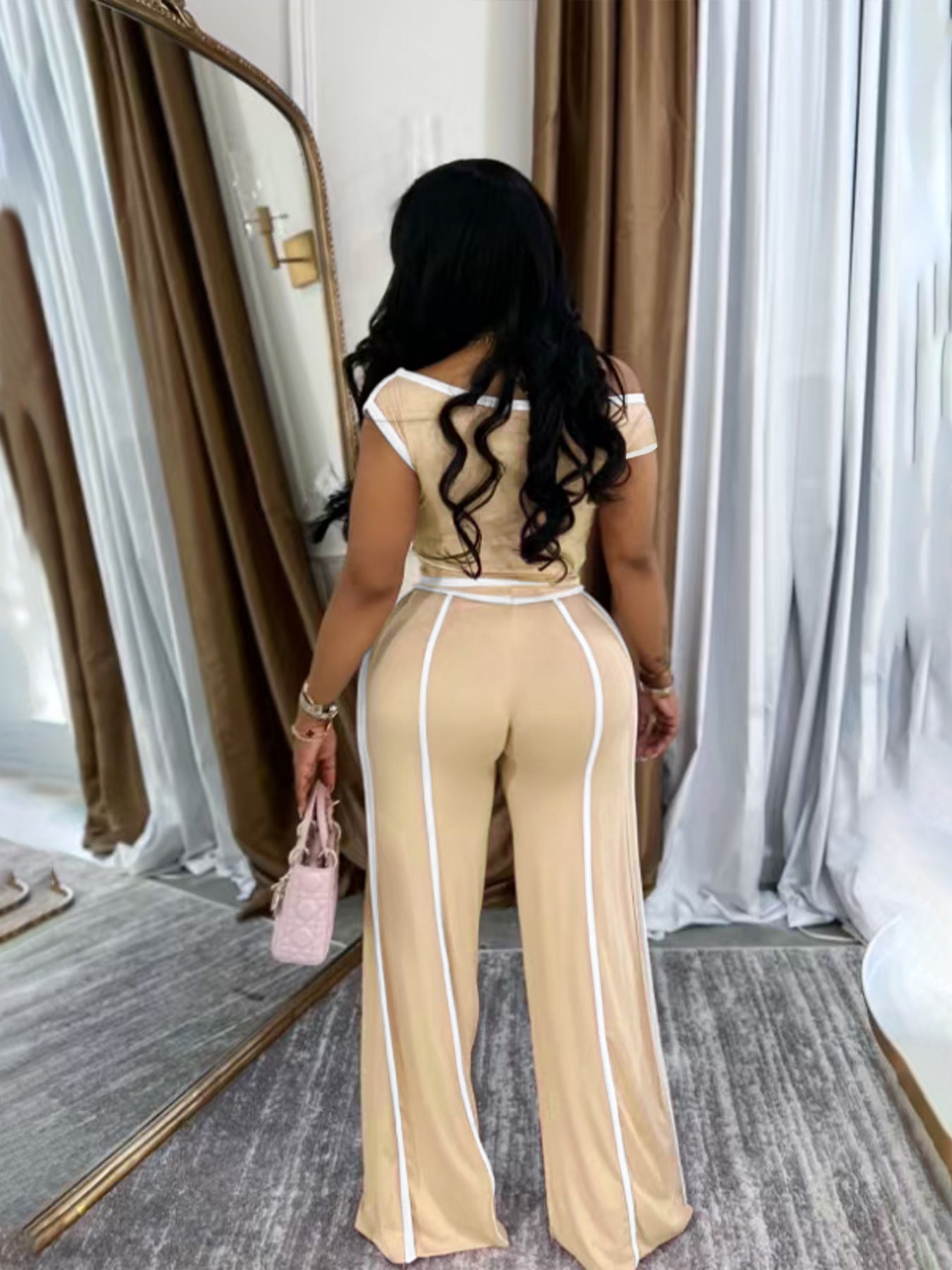 Women Summer Casual Off Shoulder Top and Long Pants Two Piece Set 11