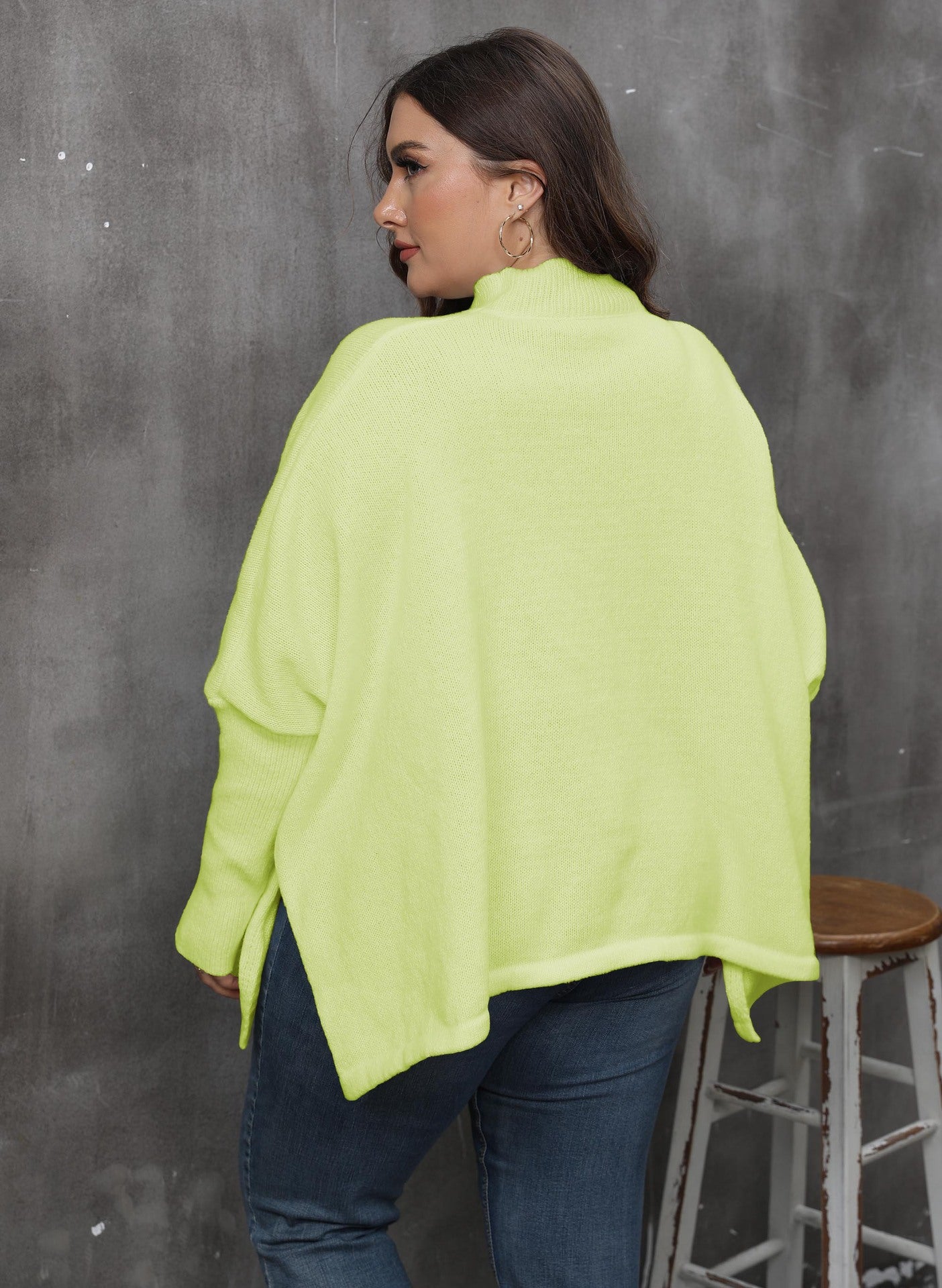 Women's Pullover Top Plus Size Women's Slit Bat Sleeves Turtleneck Loose Sweater 21