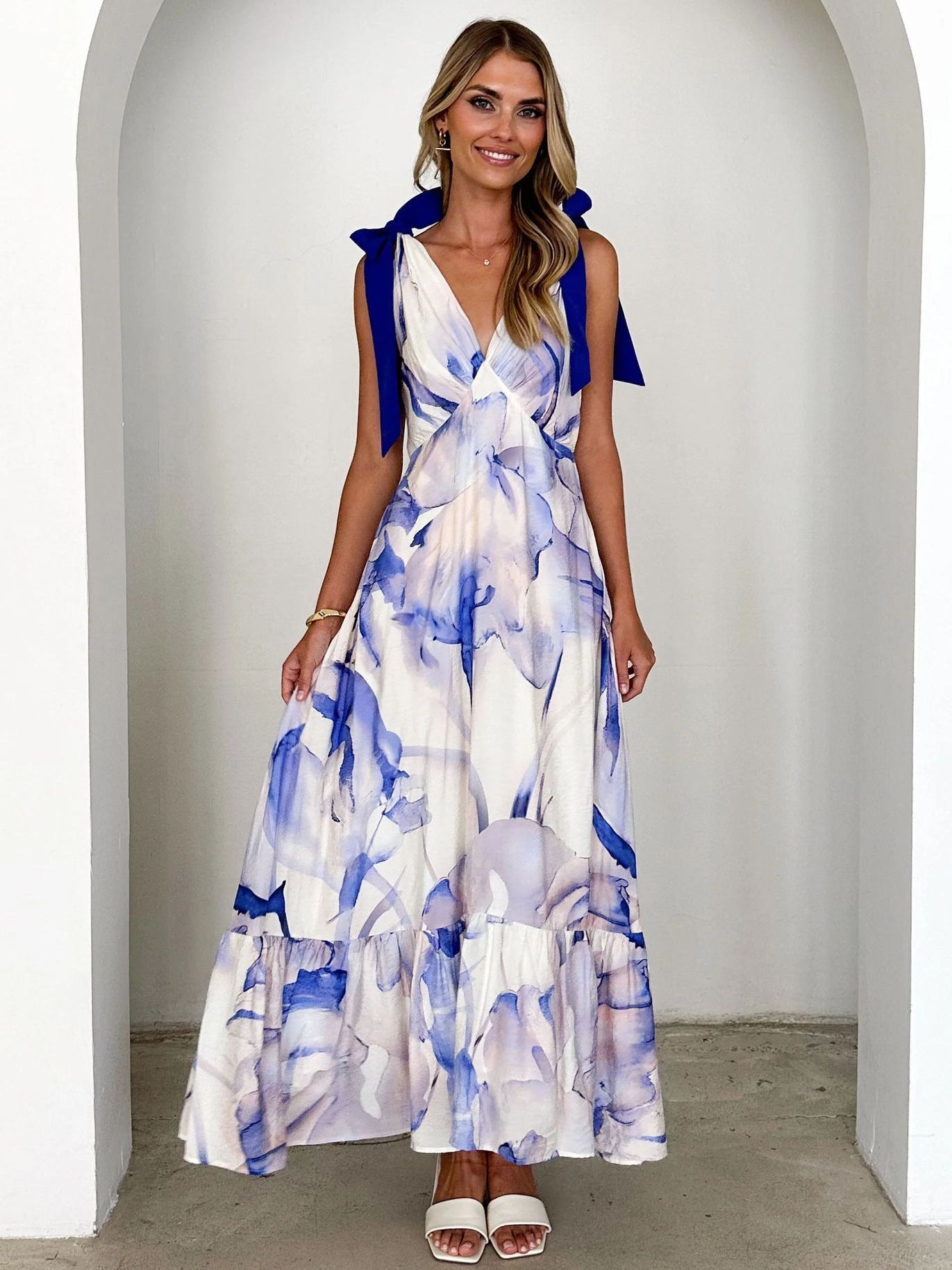 Summer Lace-up Women's V-neck Sleeveless Print Long Dress 6