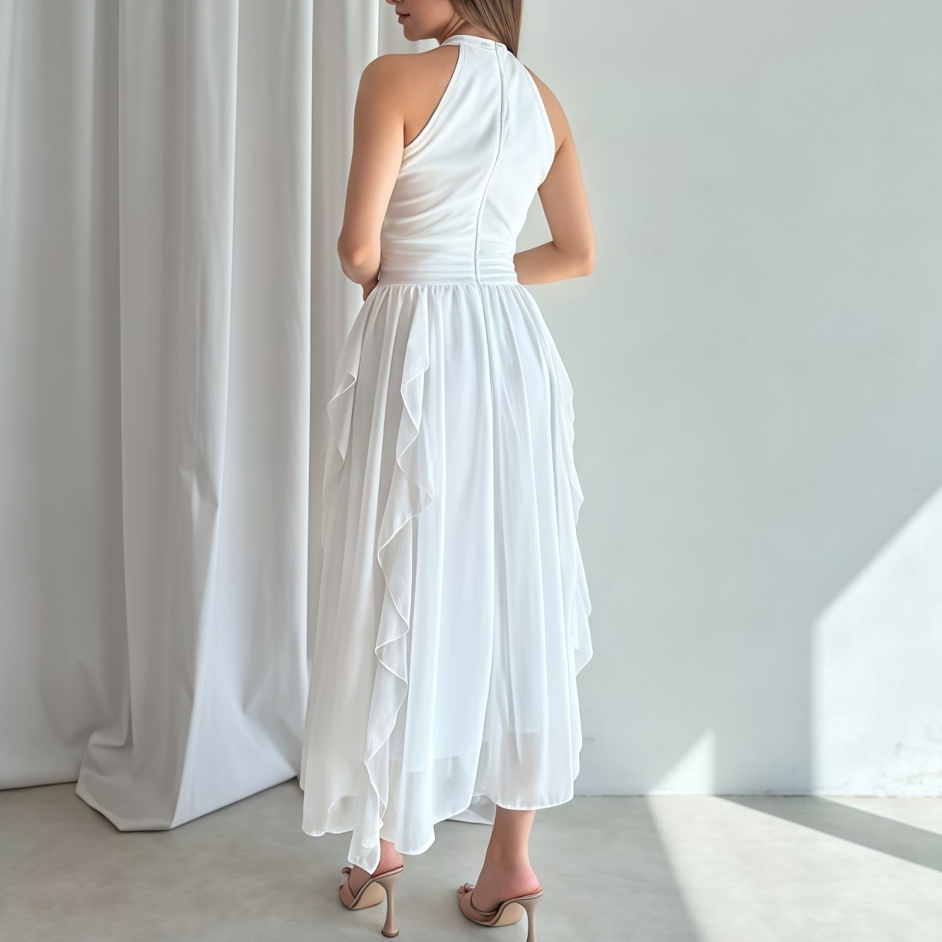 Summer Women's Chic Flounce Slim Waist Slim Fit Ruffled Dress 6