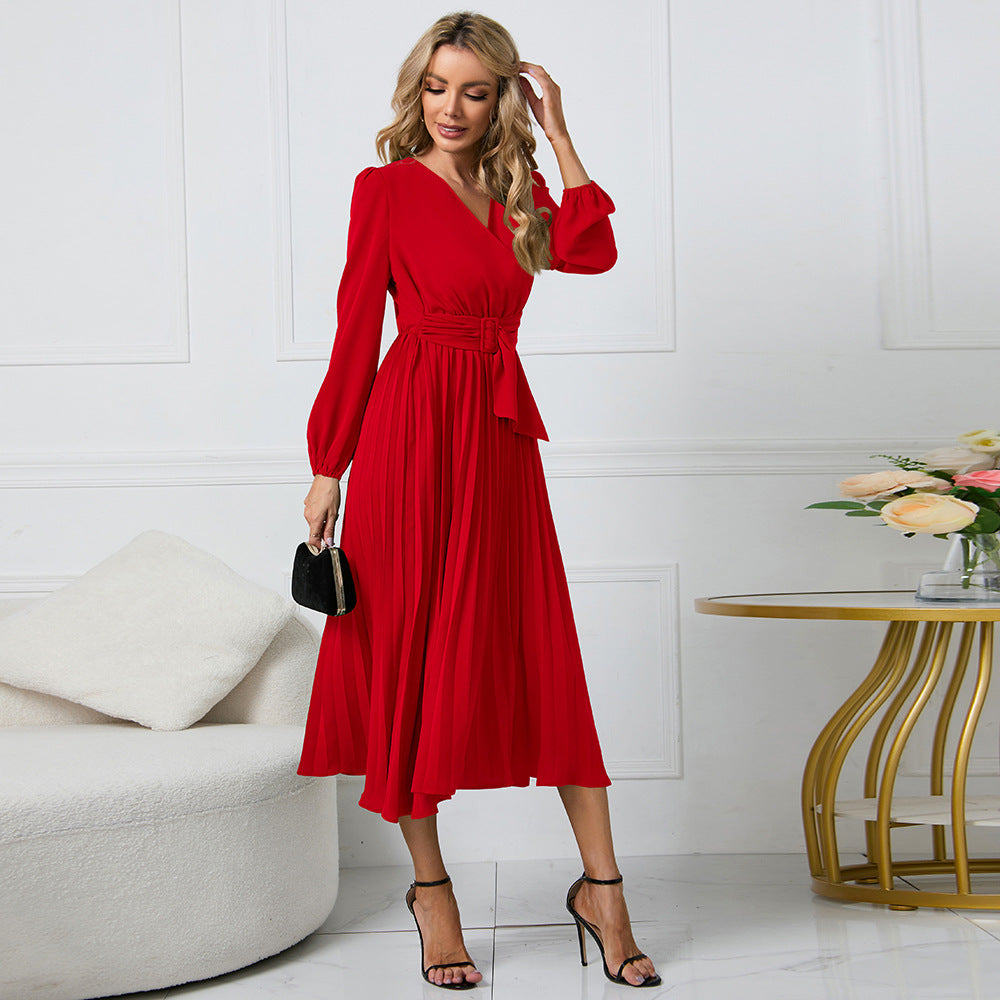 Women Long-Sleeved Pleated Belt V-Neck Dress