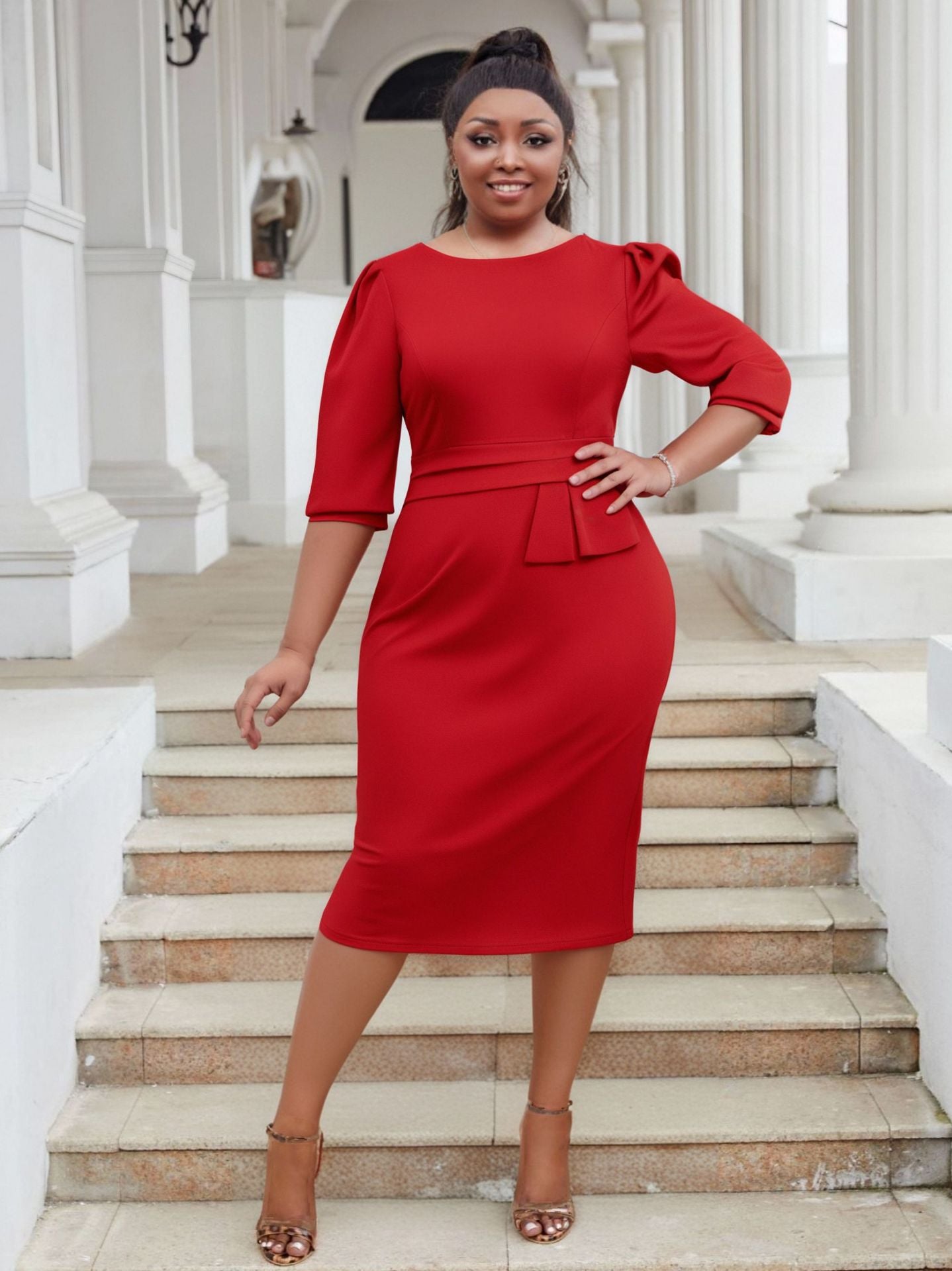 Plus Size Women o-neck pleated dress 9