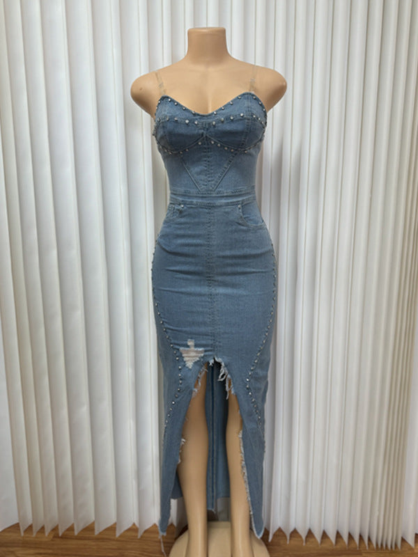 Beaded Denim Strap Dress Strapless Sexy Slit Maxi Dress 4