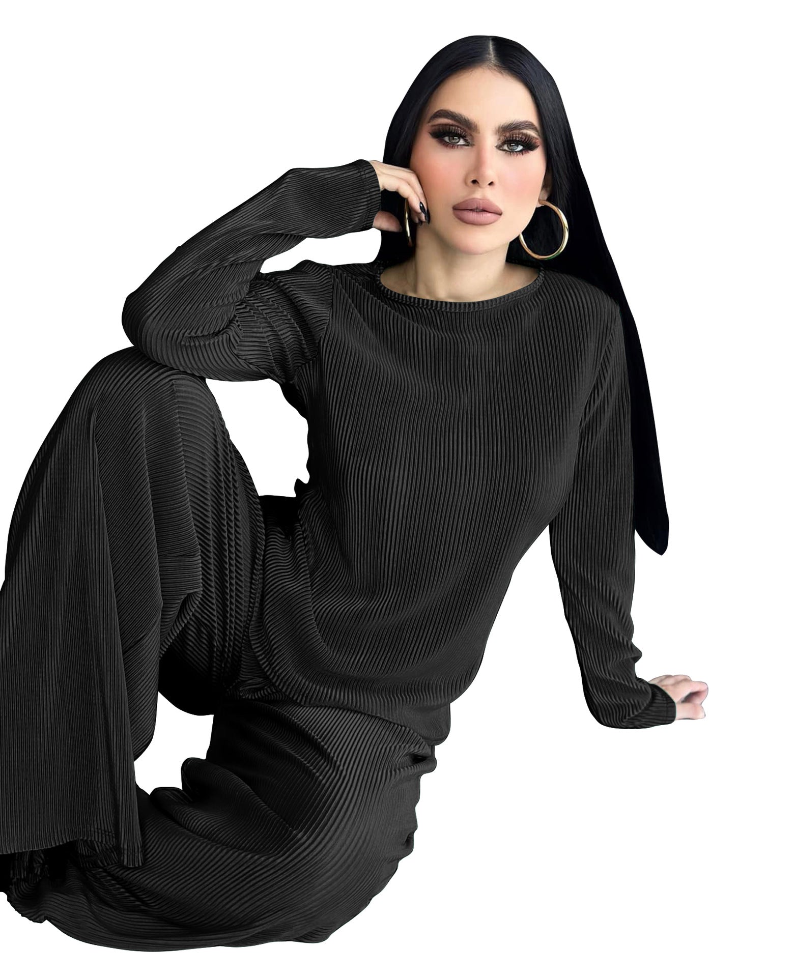 Women Loose Solid Long Sleeve Top and Wide Leg Pants Two-piece Set 6