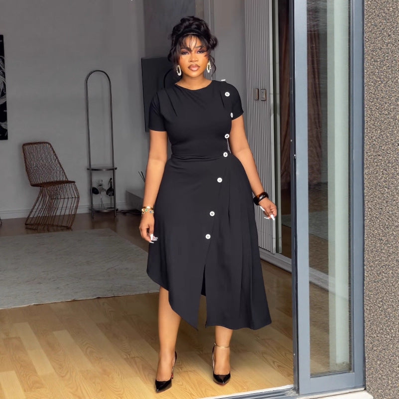 Women elegant Career Round Neck button decoration irregular slit pleated dress 3