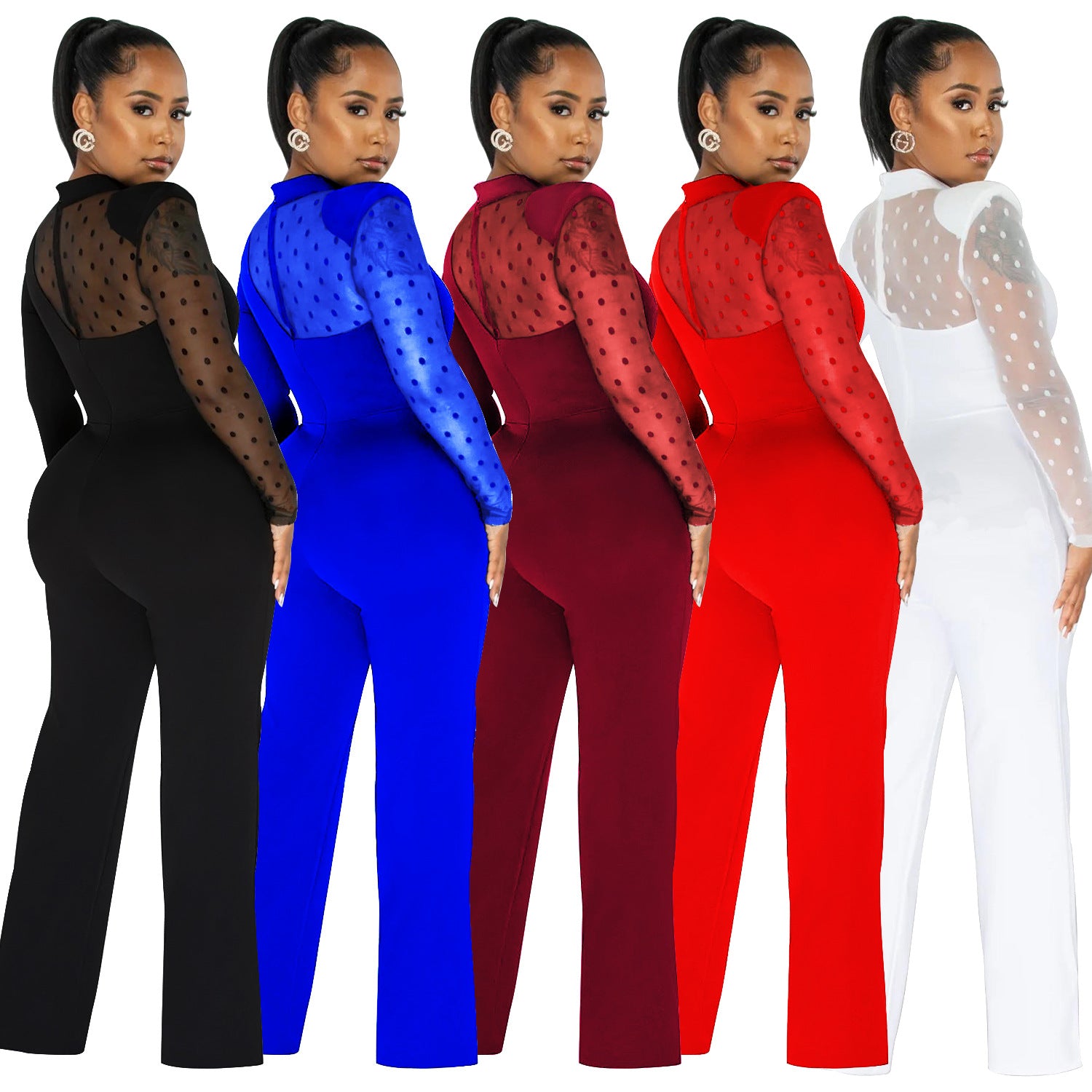 Women mesh See-Through Polka Dot Long Sleeve Jumpsuit 8