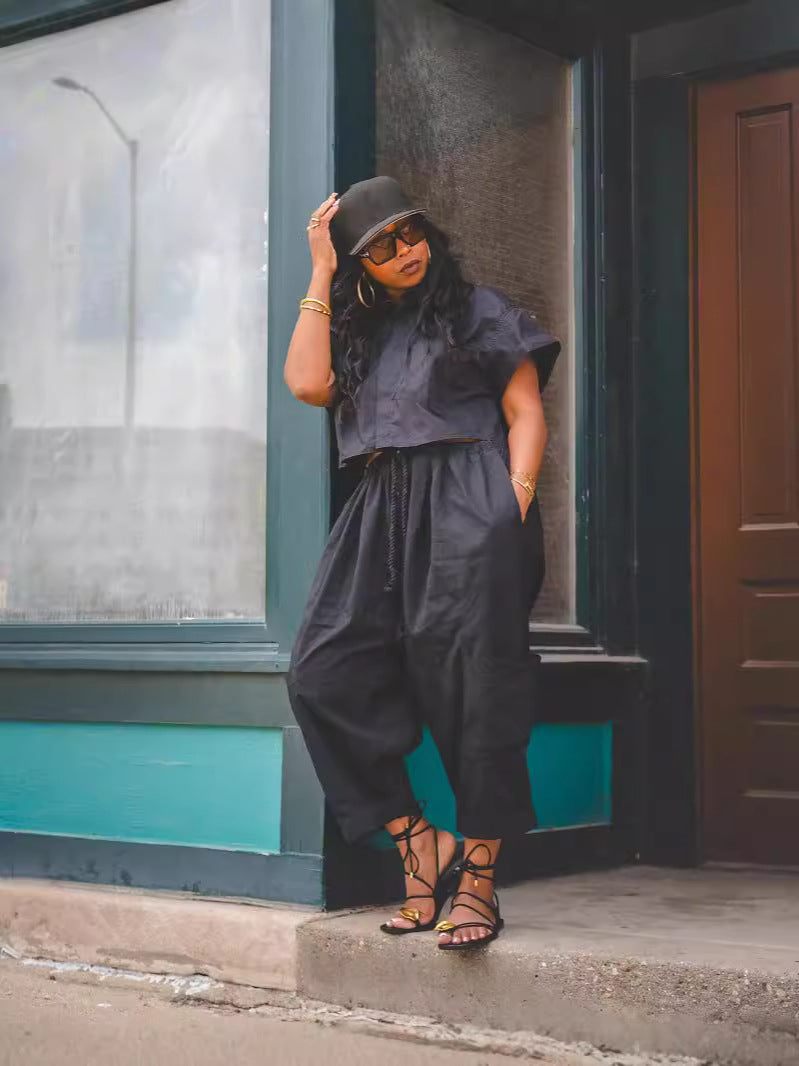 Summer women's fashion loose wide-leg cargo pants turndown collar top casual two-piece set 4