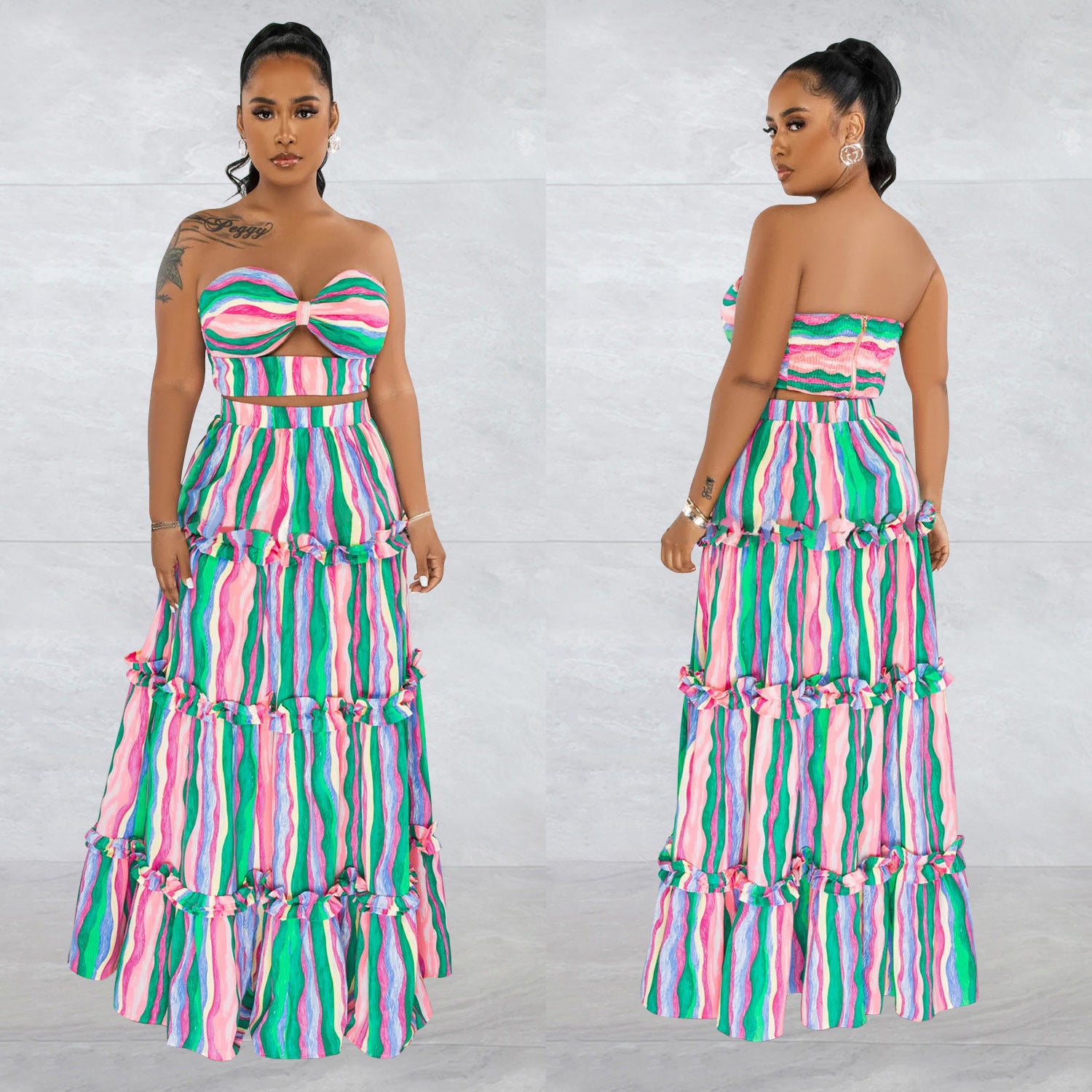 Ladies Fashion Striped Print Strapless Top Long Skirt Two-Piece Set 3