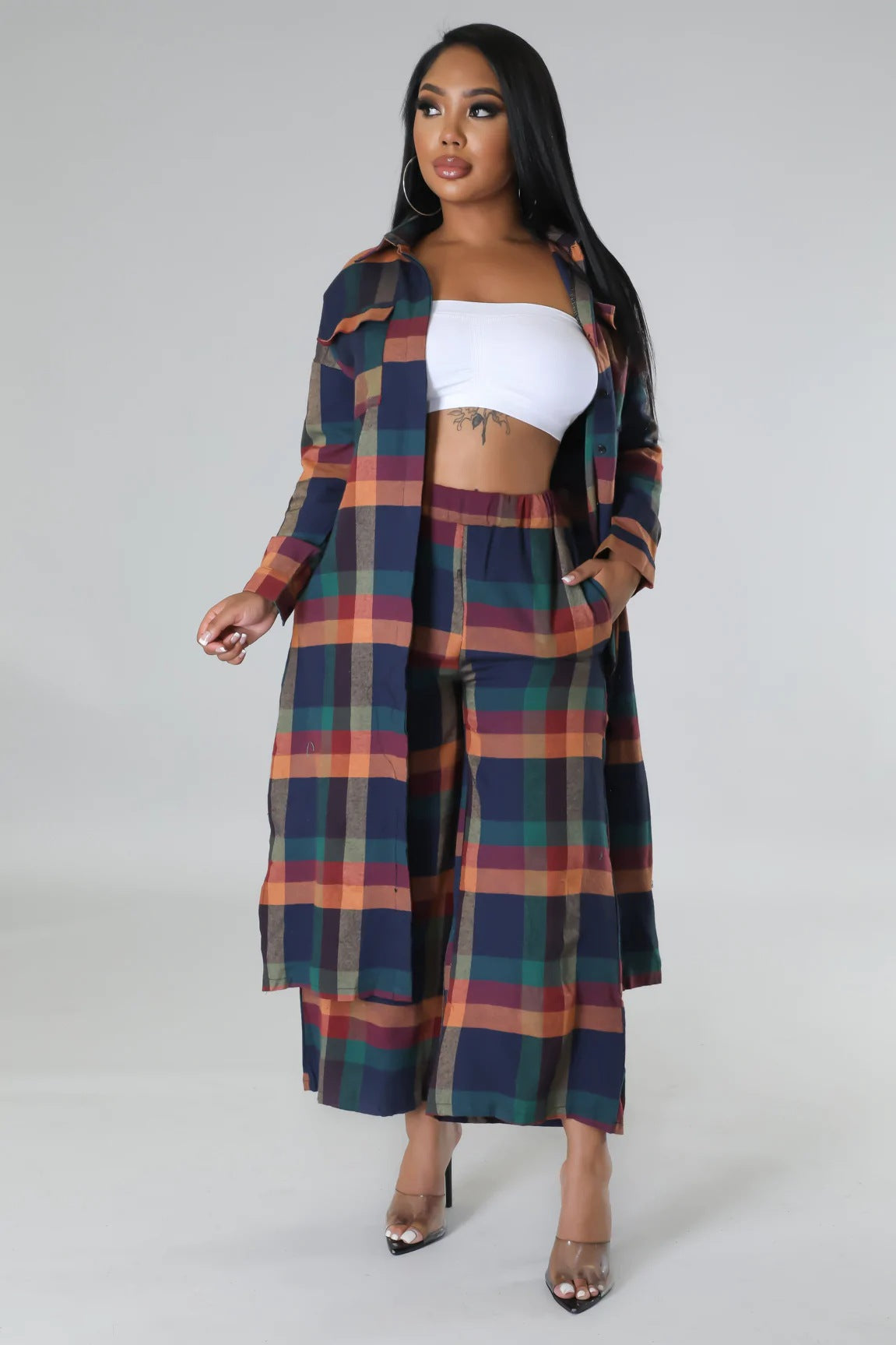 Women plaid print two-piece set