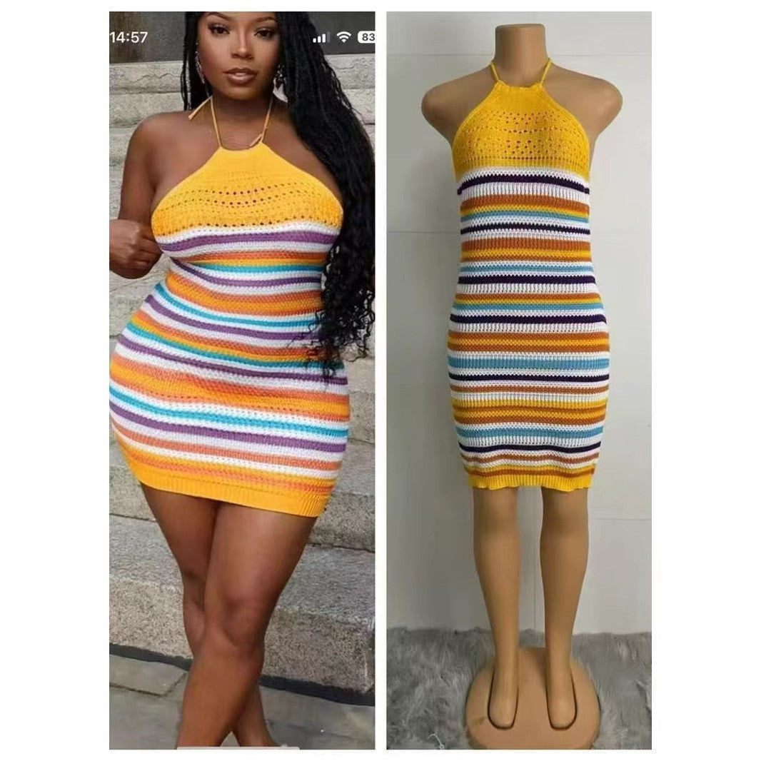 Rainbow Summer Stripes Sleeveless Sexy Low Back Knitting Dress 5