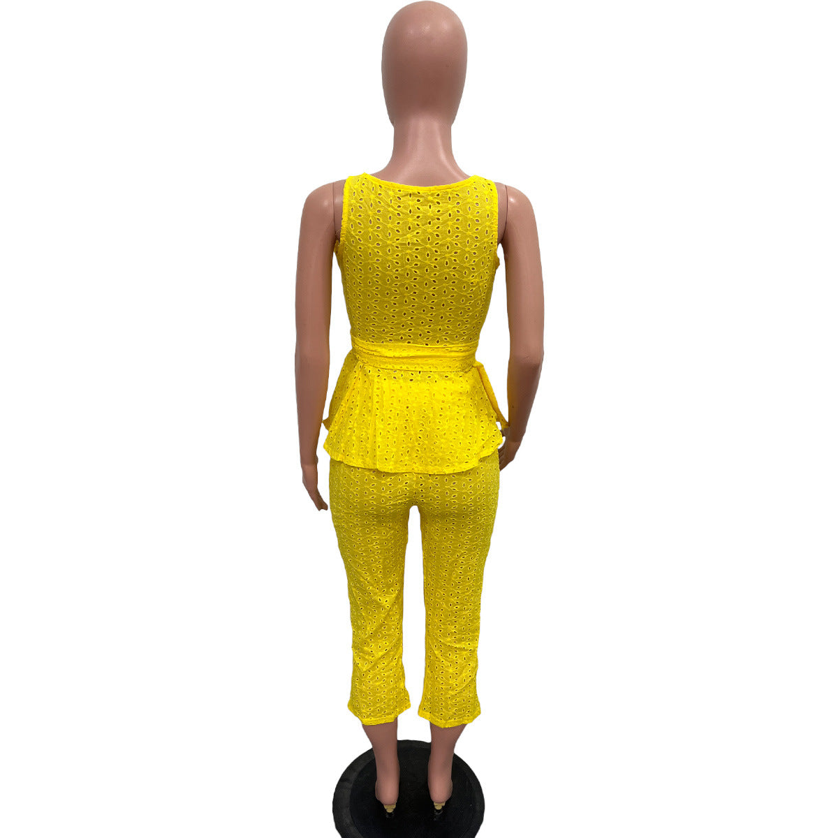 Women's Spring And Summer Solid Color Embroidered Cotton Belt Two-Piece Pants Set 17