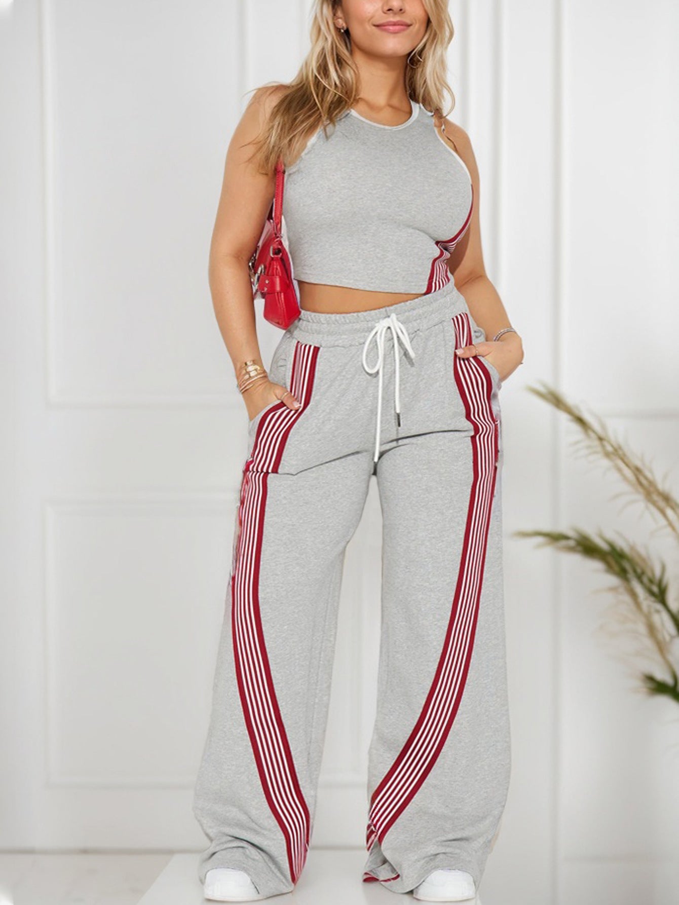 Women's Fashion Casual Slim Ribbon Patchwork Vest Casual Wide Leg Pants Two Piece Set Sports Women's Wear 3