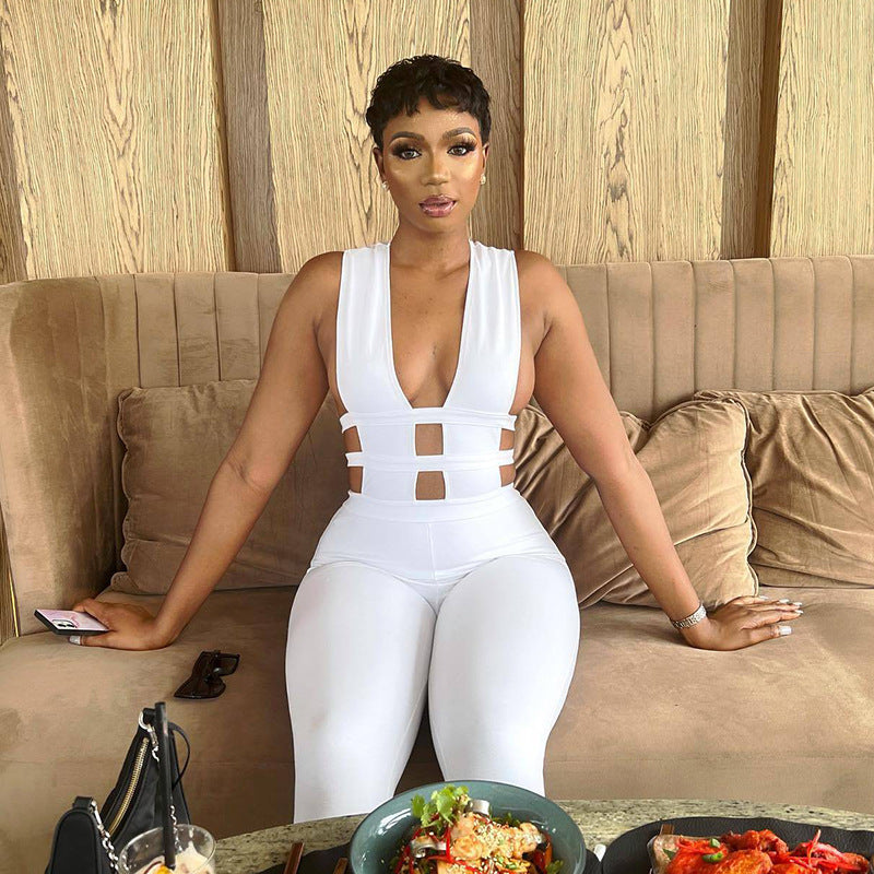 Women Summer Sexy Solid Color Cut Out Jumpsuit 3