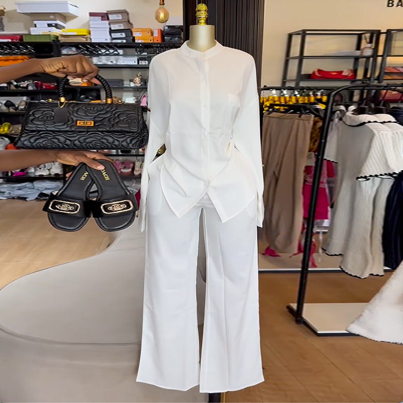 Women's summer round neck loose casual long sleeve shirt and wide leg trousers set