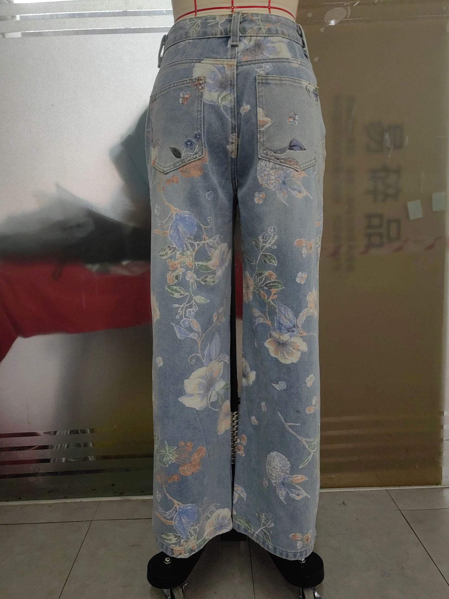 Spring Floral Print Ripped High Waist Loose Straight Denim Pants 8