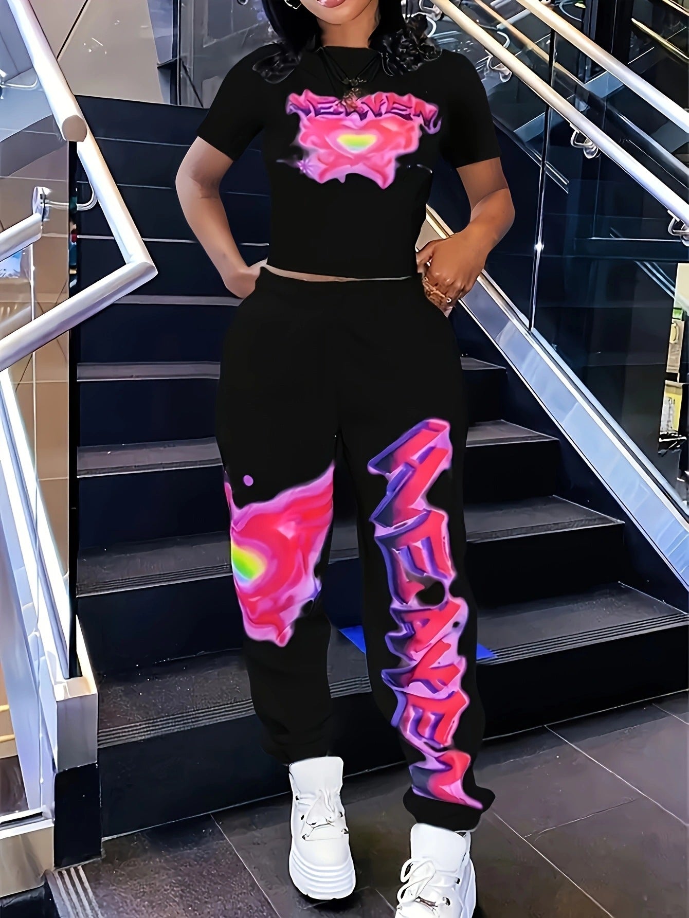 Spring Printed Fashionable Short Sleeve Two Piece Pants Set for Women