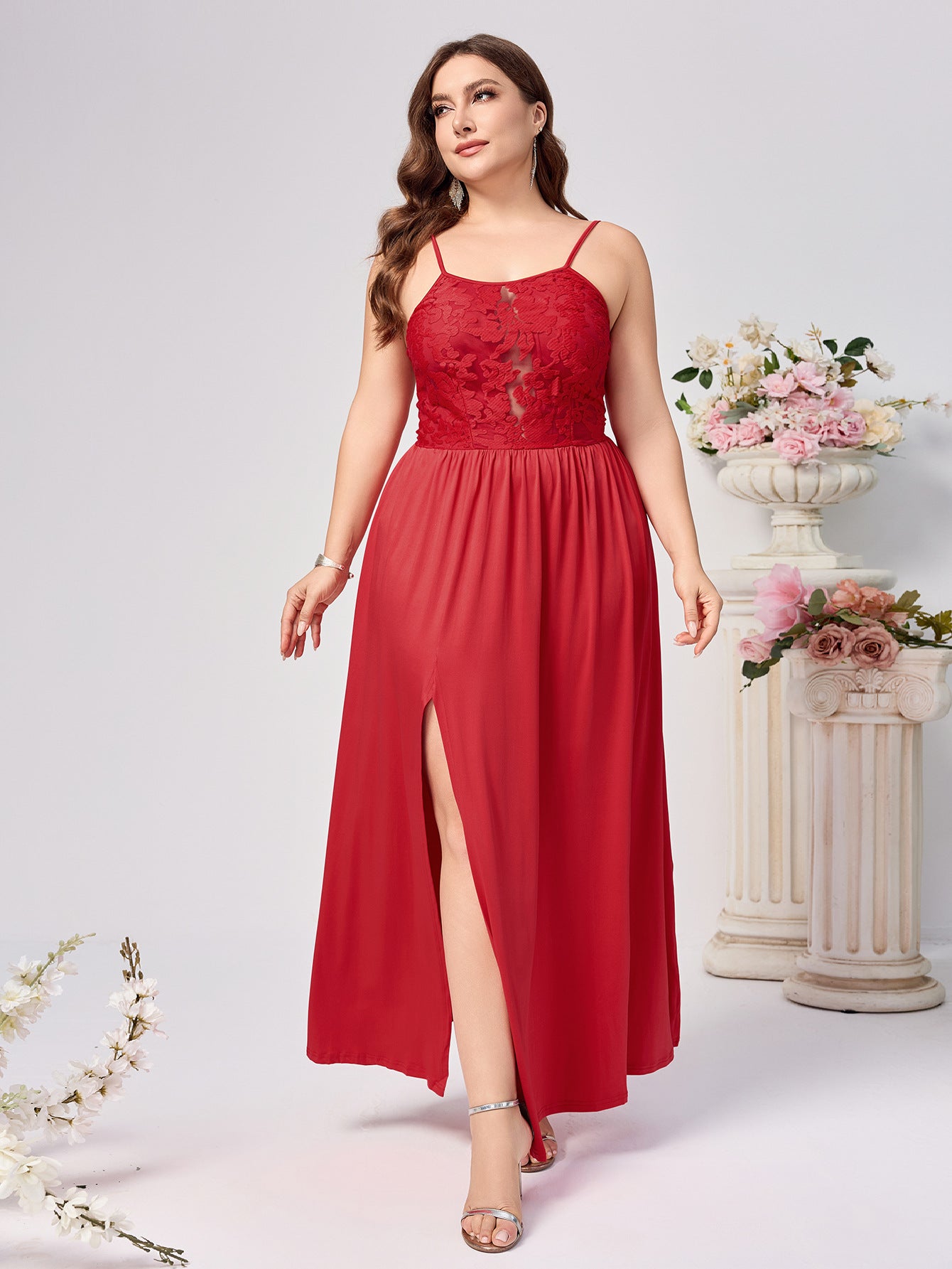 Plus Size Women Suspender Backless Solid Slit Hollow Sexy Dress