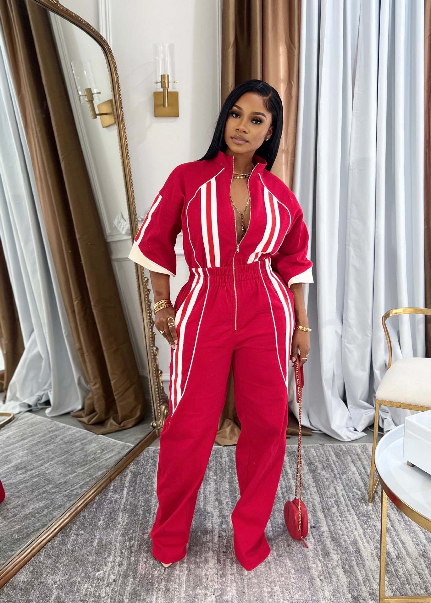 Women's Clothing Stand Collar 7-Quarter Sleeves Slim Waist Zipper Long Jumpsuit 3