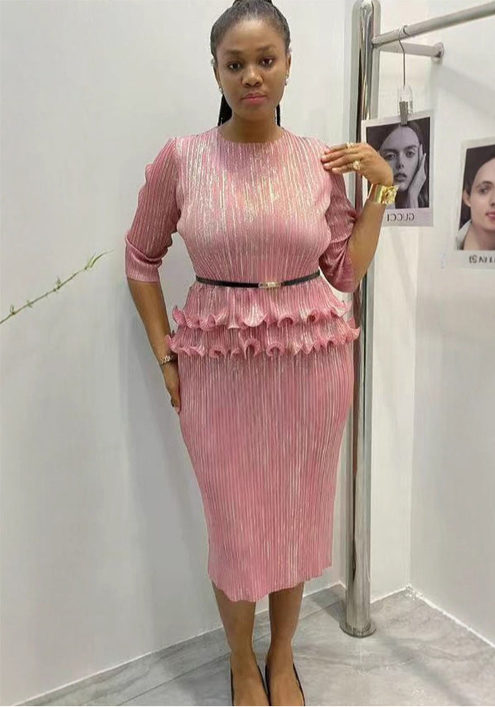 Fashion Pleated Shiny Plus Size African Round Neck Chic Sexy Bodycon Dress