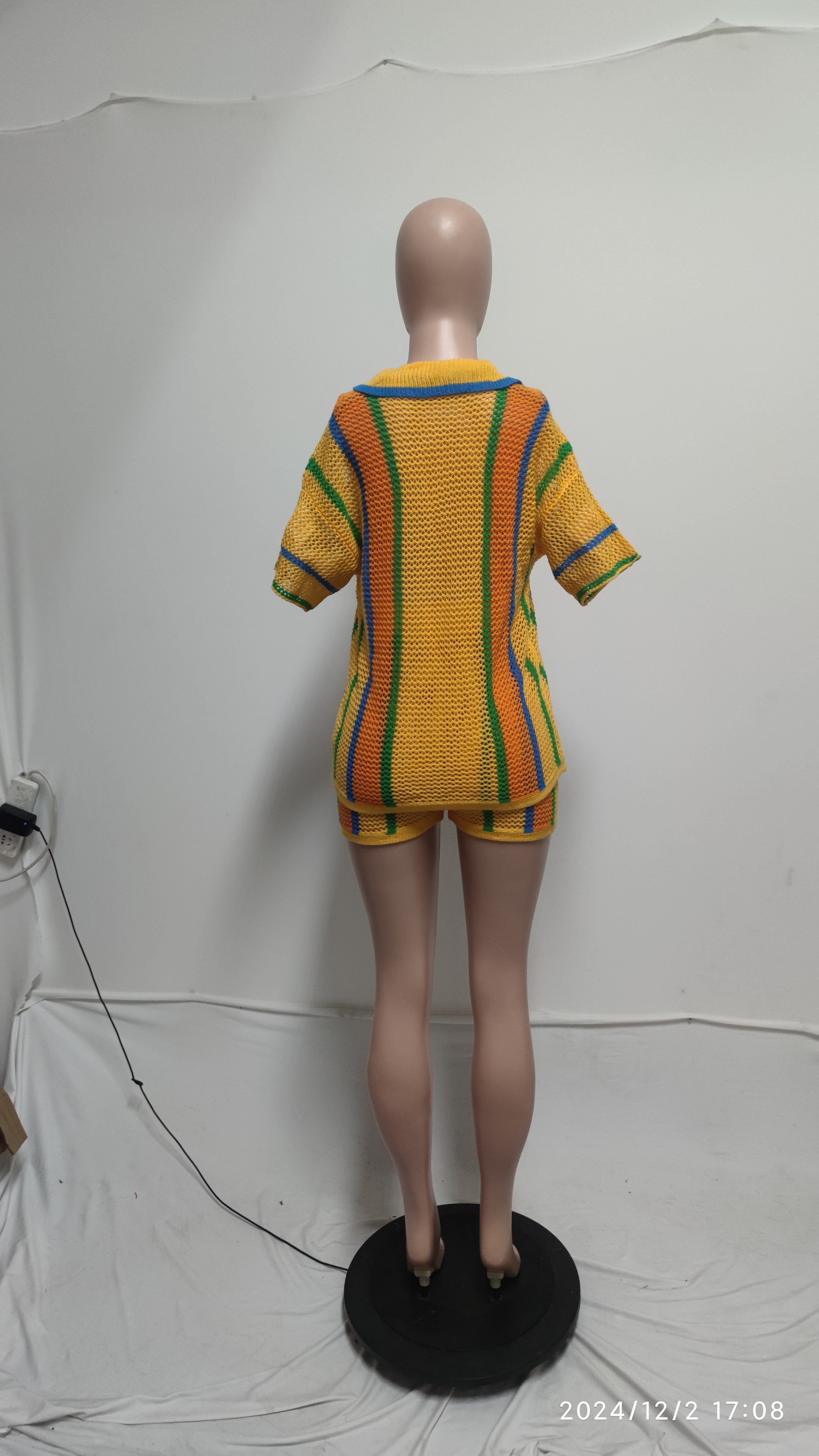 Women's Sexy Hollow See-Through Turndown Collar Knitting Two Piece Shorts Set 29