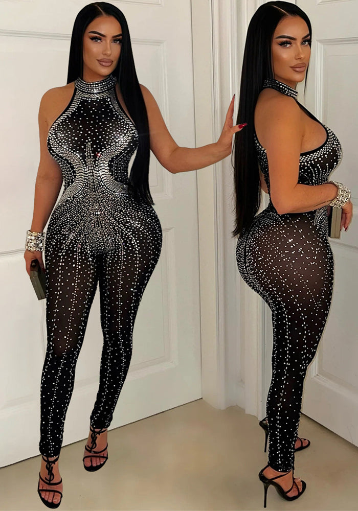 Women Sexy Mesh Beaded See-Through Sleeveless Jumpsuit