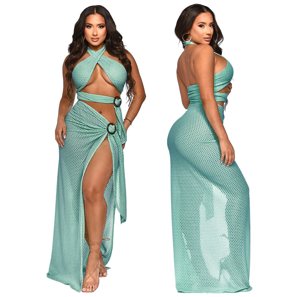 Sexy Halter Neck Mesh Slim High Slit Fashion Solid Color Long Dress 4