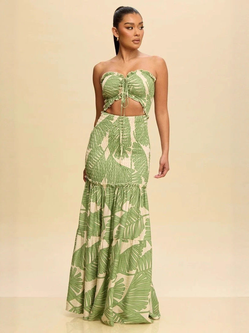 Women Printed Strapless Hollow Dress 7