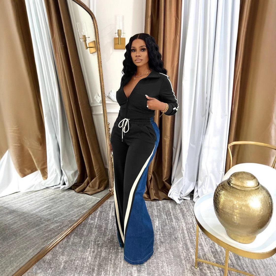 Women Top and Denim Patchwork Pants Two-Piece Set 6