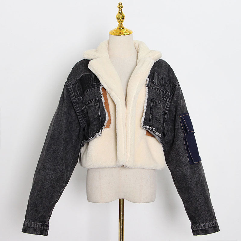 Women Lamb Wool Patchwork Loose Casual Denim Crop Jacket 8