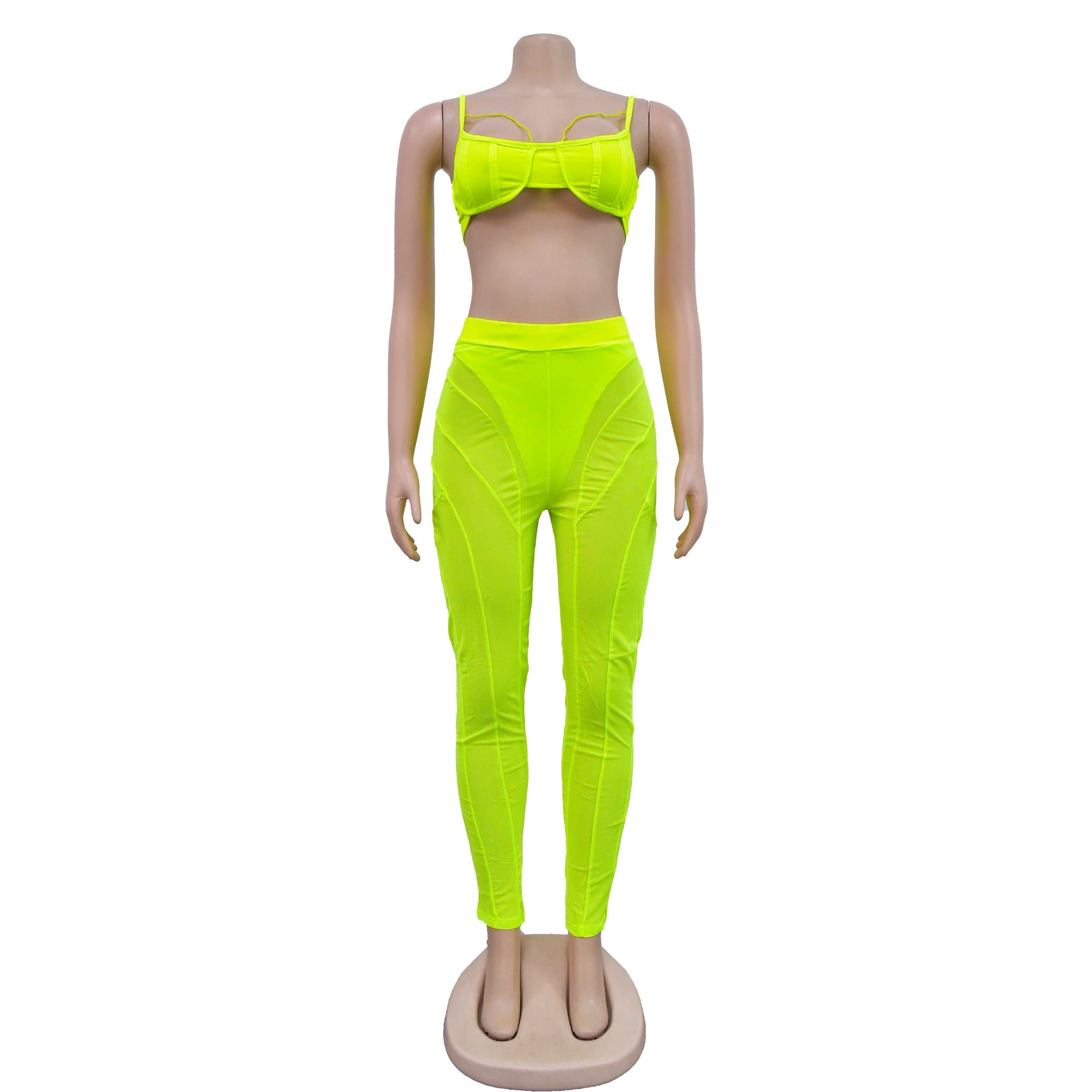 Women sexy bra strap zipper mesh See-Through trousers two-piece set 21