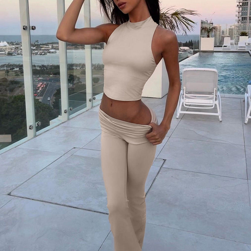 Women's Winter Highneck Sleeveless Vest Bell Bottom Pants Fashion Casual Two-Piece Set For Women 3