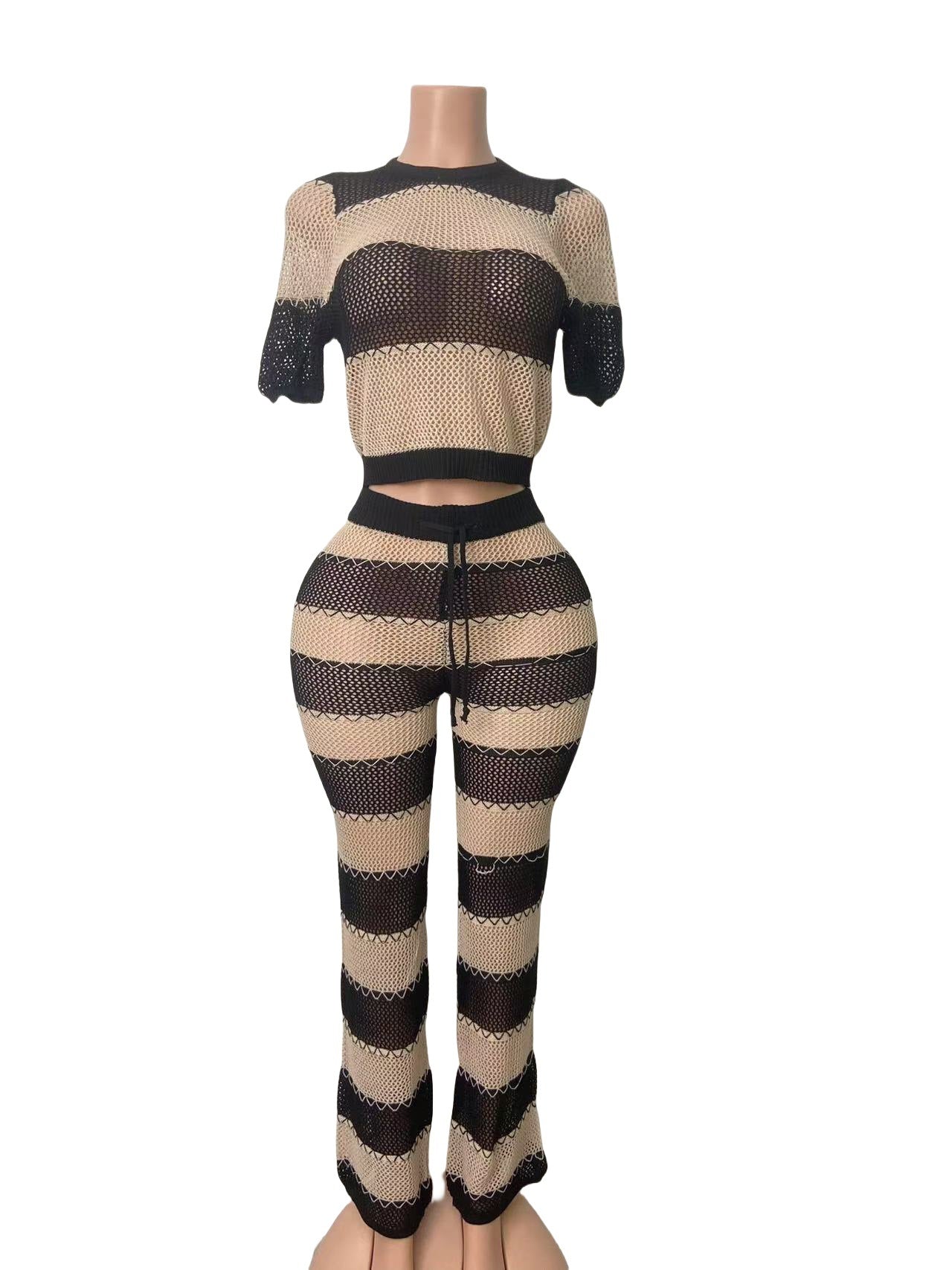 Women's Fashion Knit Cut-Out Short-Sleeve Pants Set Beach Outfit 10