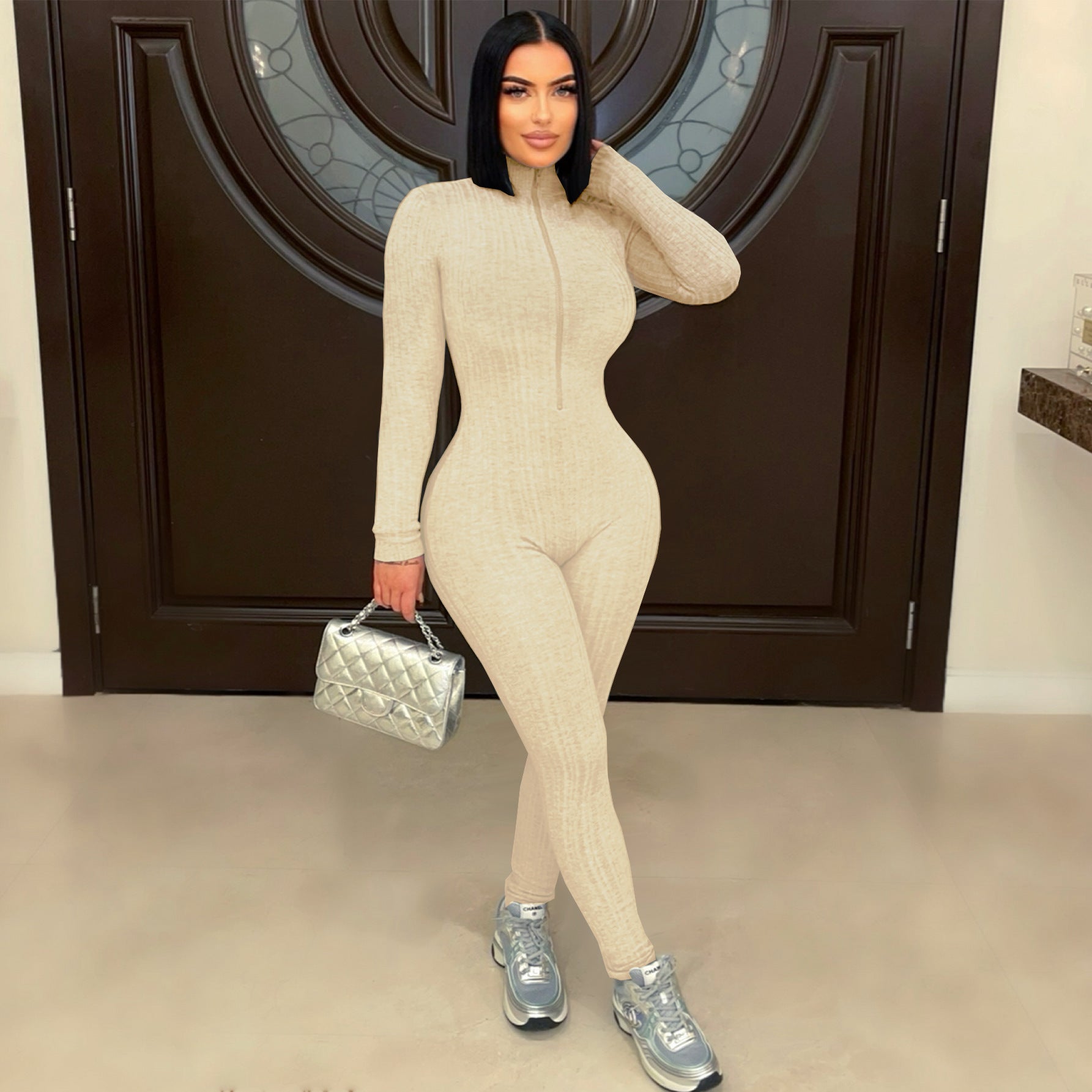 Women's Slim Fit Jumpsuit High Stretch Knitting Long Sleeve Stand Collar Zipper Casual Sporty Romper 7