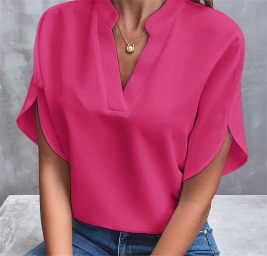 Summer V-Neck Shirt Women Solid Color Casual Short-Sleeved Pullover Blouse 16