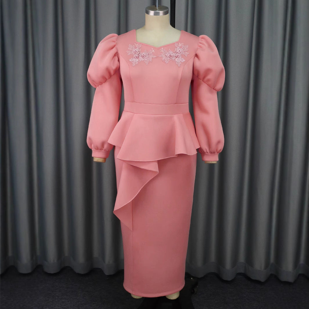 Women elegant embroidered lantern sleeve Formal Party ruffle dresses 3