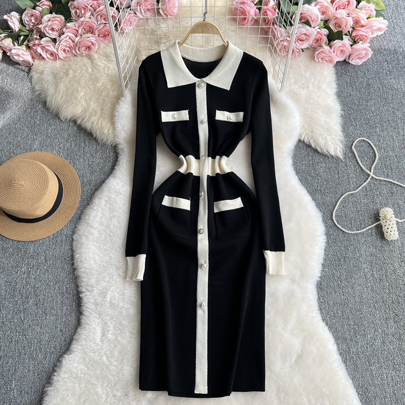 Women contrasting long-sleeved Knitting dress 5