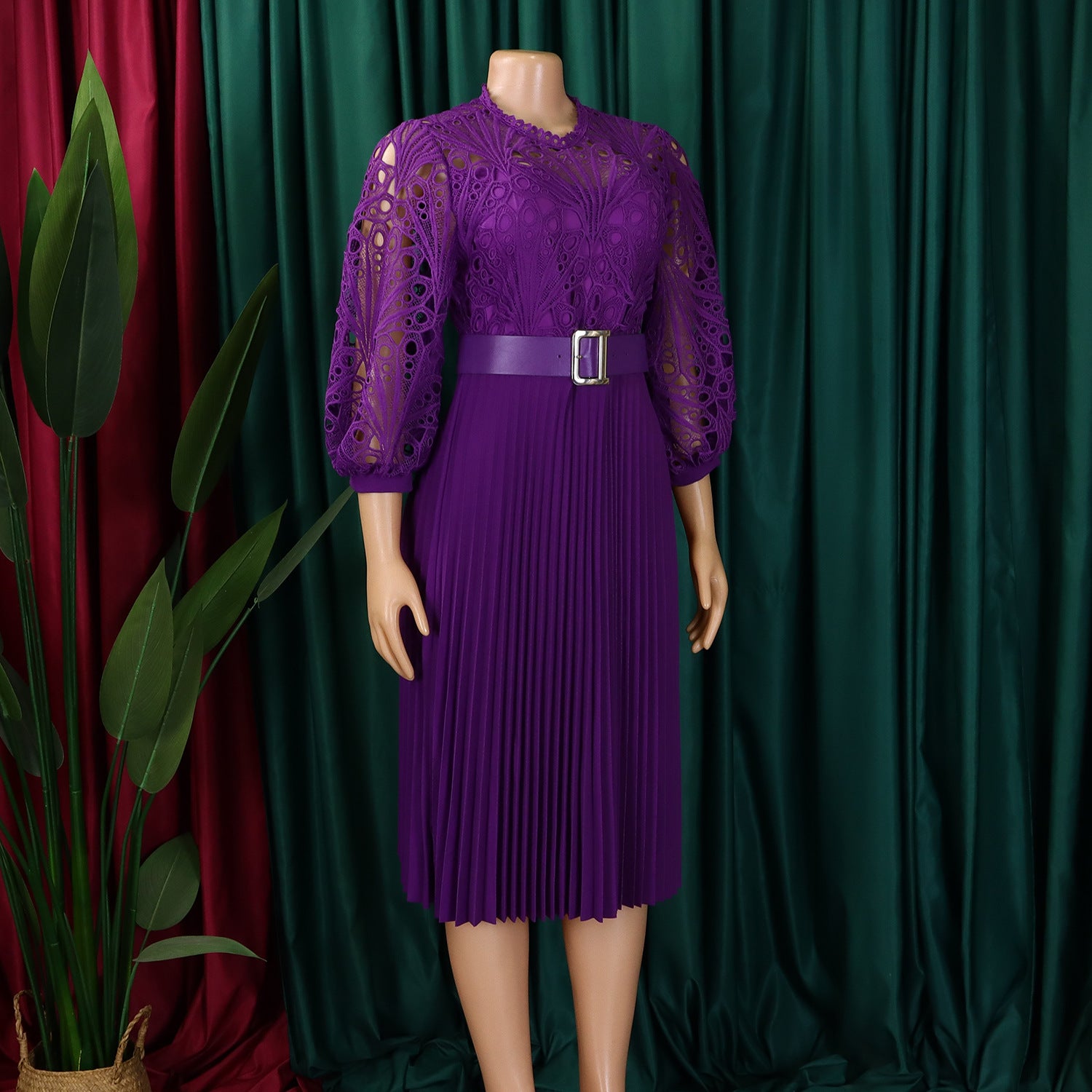 Women Solid lace hook flower hollow pleated dress 21