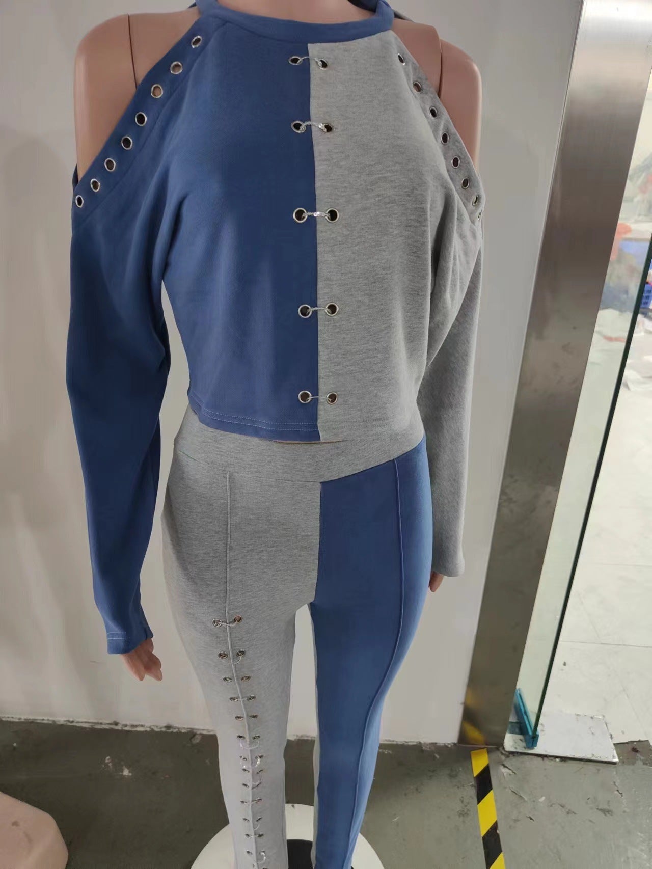 Women's Fall Shoulder Cutout Top Colorblock Metallic Trousers Casual Two Piece Set 9